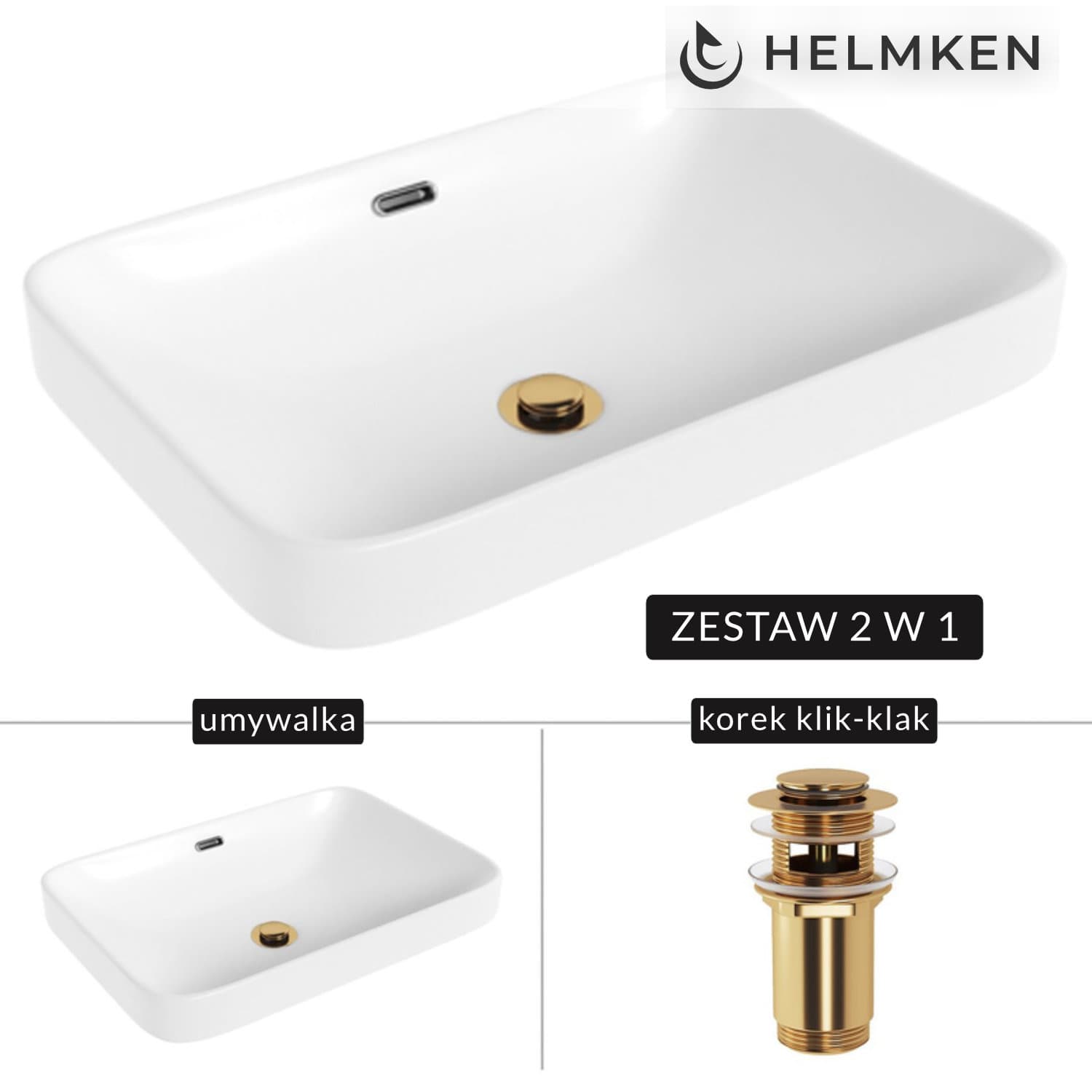 Umywalka nablatowa Helmken 441A52000 (52x36) Biała + Korek klik-klak Złoty