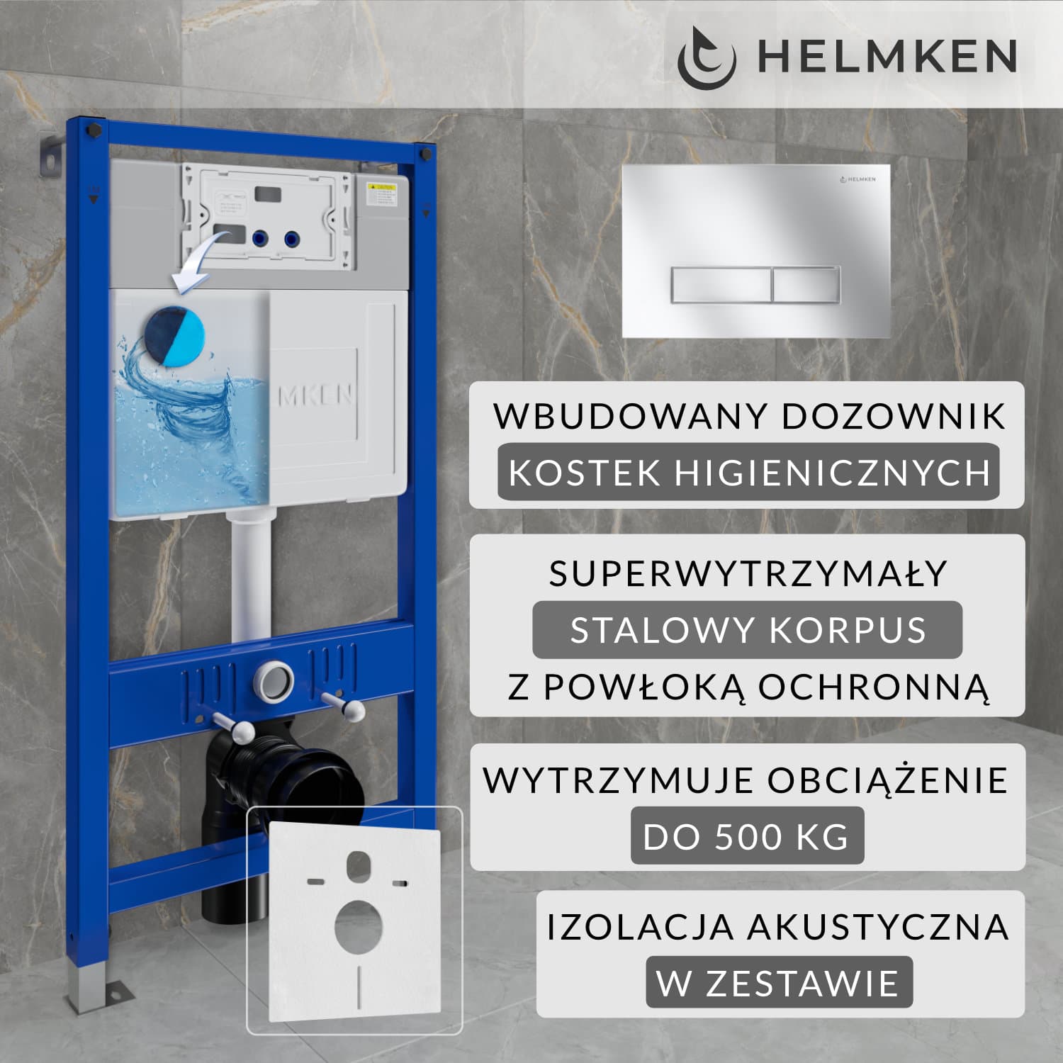 Stelaż podtynkowy WC Helmken Zestaw 4w1: Stelaż podtynkowy, Przycisk Satyna (HD) , Pojemnik na kostki higieniczne, Mata wygłuszająca