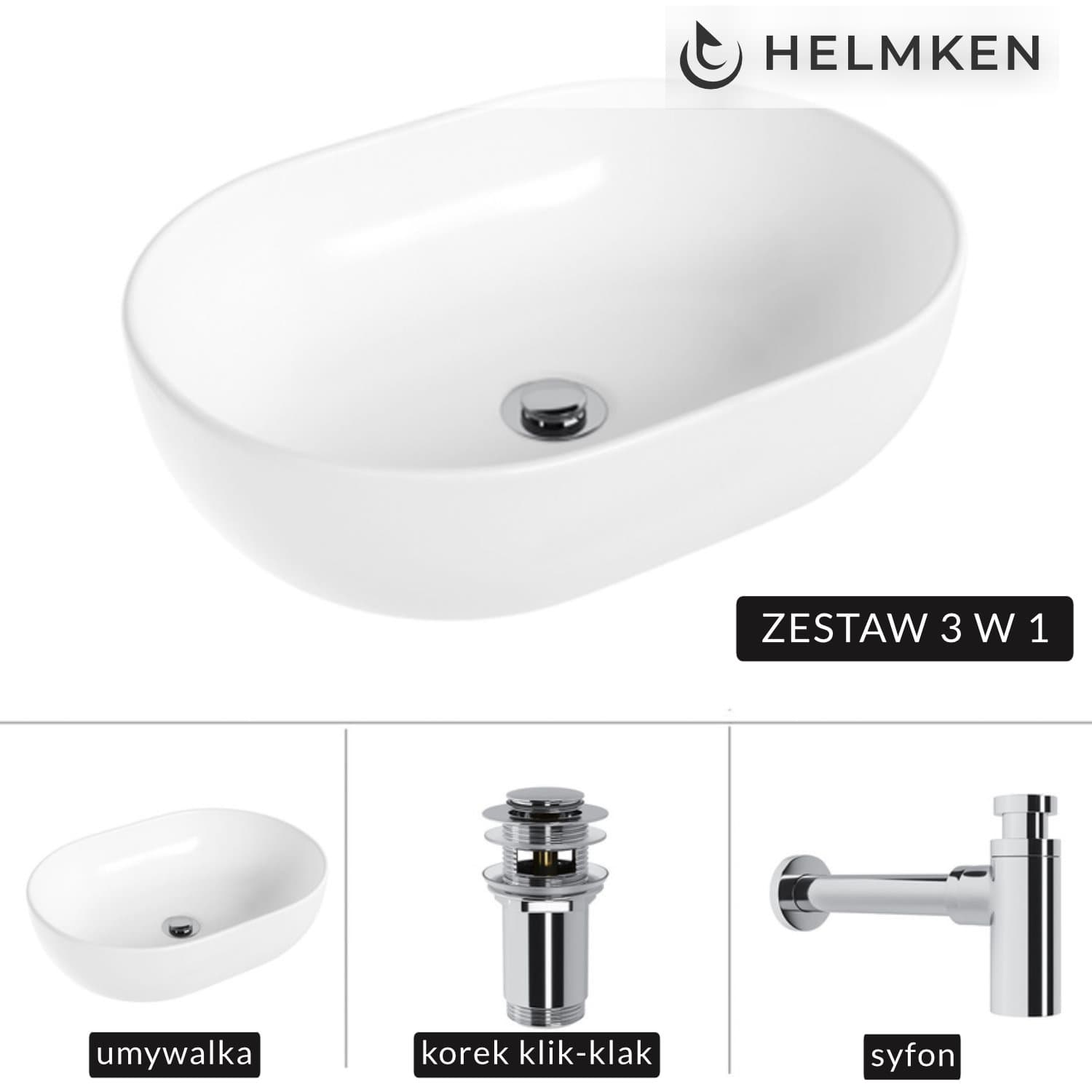 Umywalka nablatowa Helmken 83648000 (48x34) Biała + Syfon Chrom + Korek klik-klak Chrom