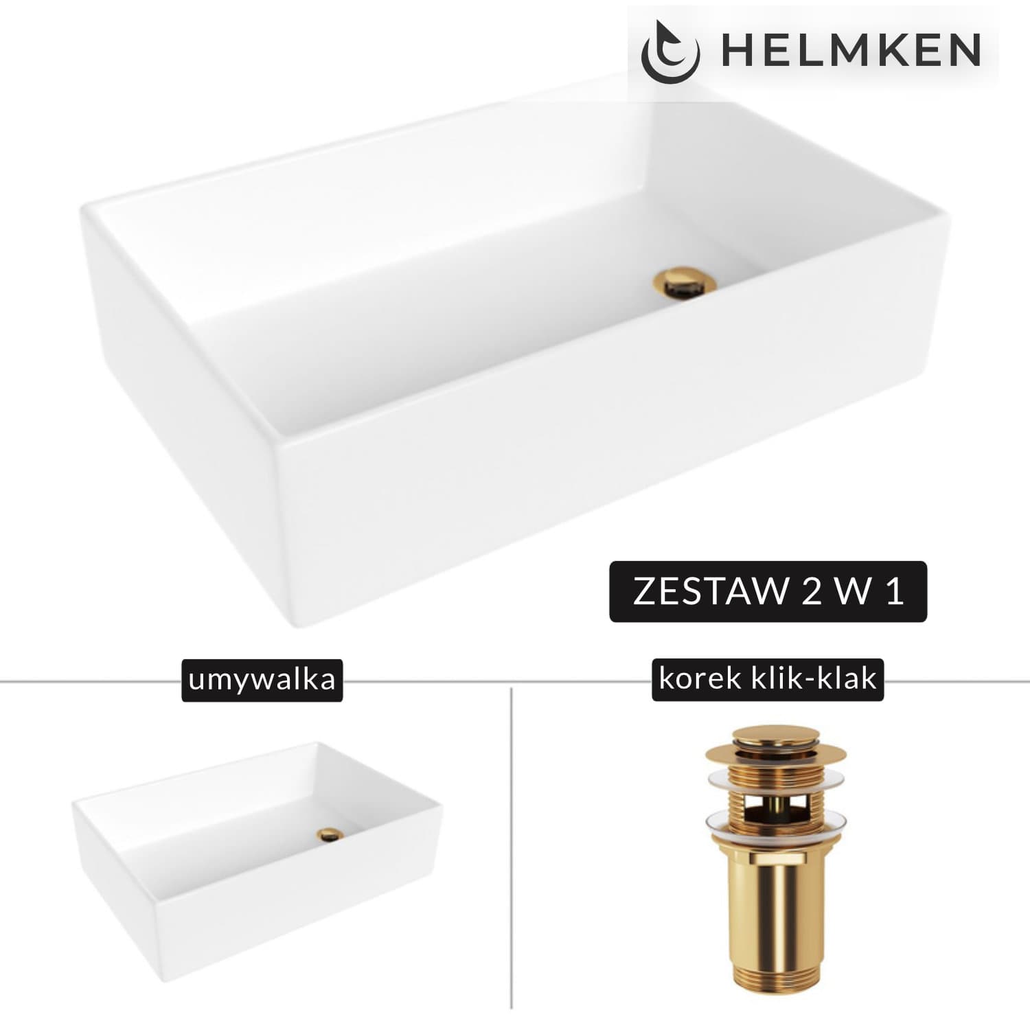 Umywalka nablatowa Helmken 51861000 (61x40) Biała + Korek klik-klak Złoty