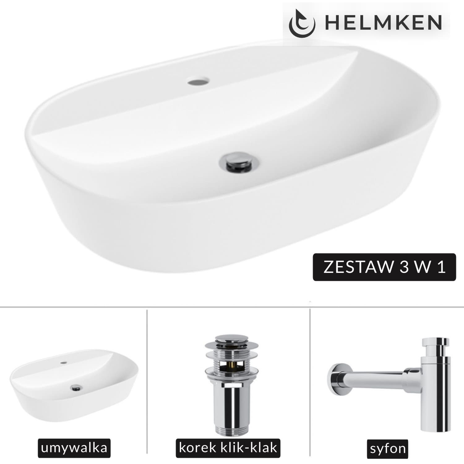 Umywalka nablatowa Helmken 46060000 (60x40) Biała + Syfon Chrom + Korek klik-klak Chrom