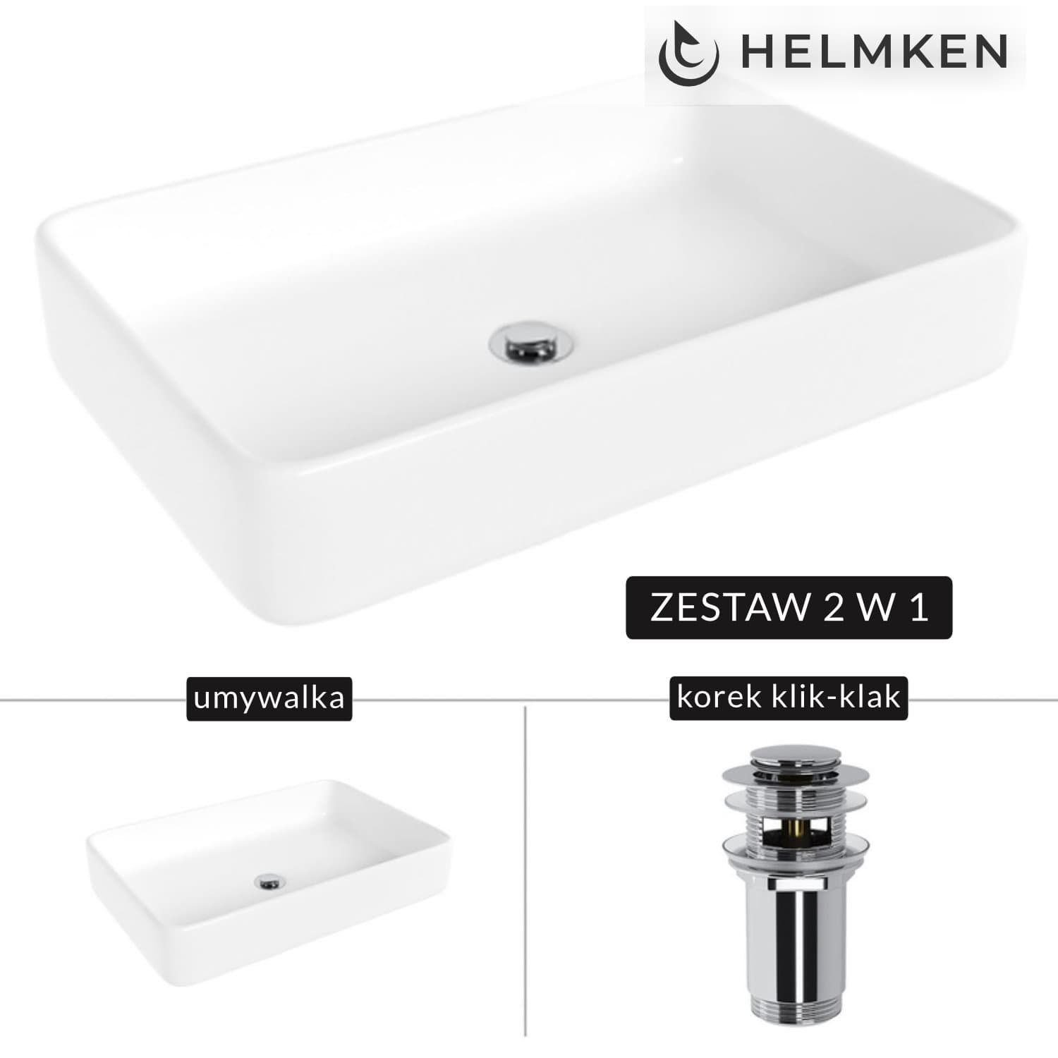 Umywalka nablatowa Helmken 84261000 (61.5x41) Biała + Korek klik-klak Chrom