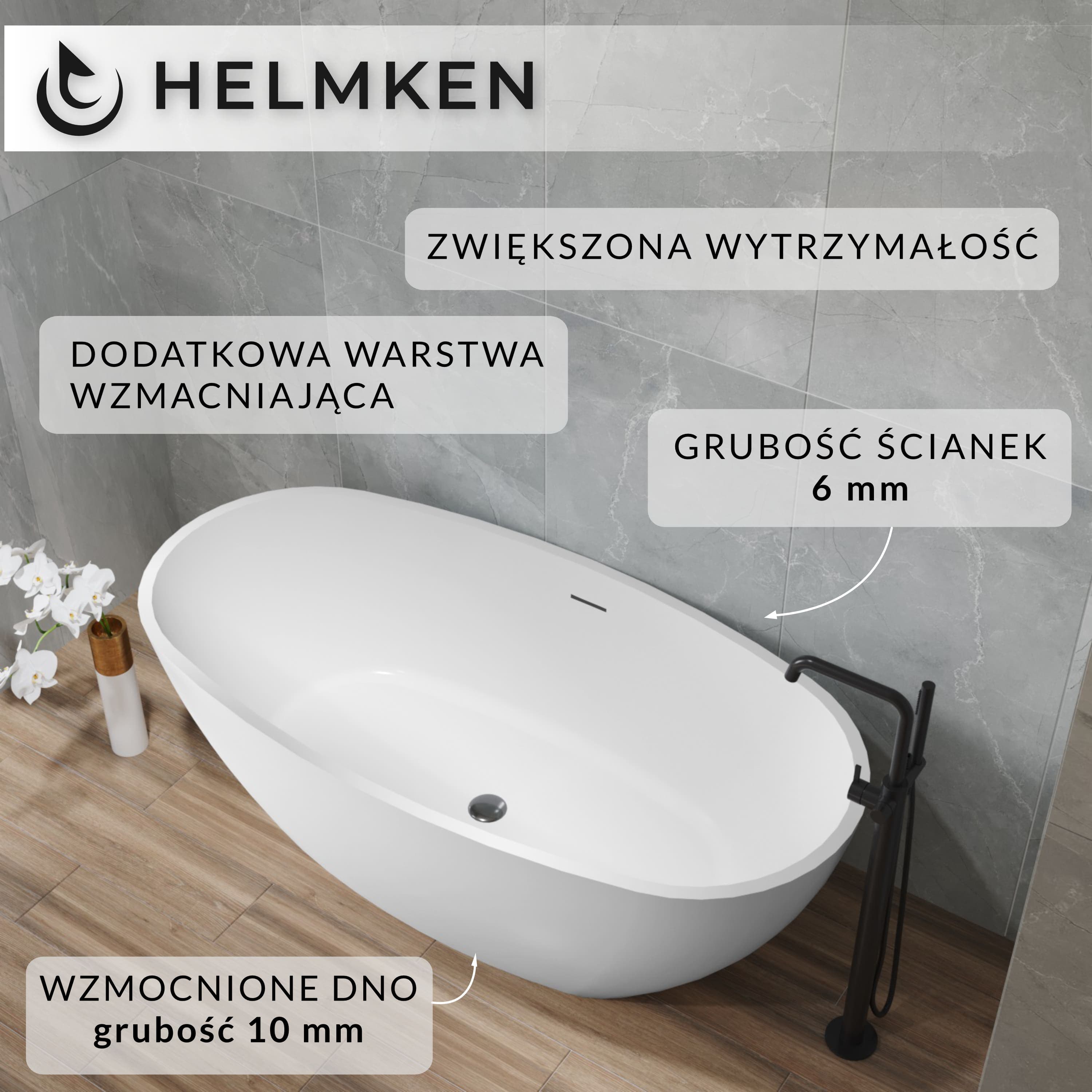 Wanna wolnostojąca akrylowa Helmken Eliza 170 x 85 + Nóżki + Syfon z korkiem klik-klak / 31660170