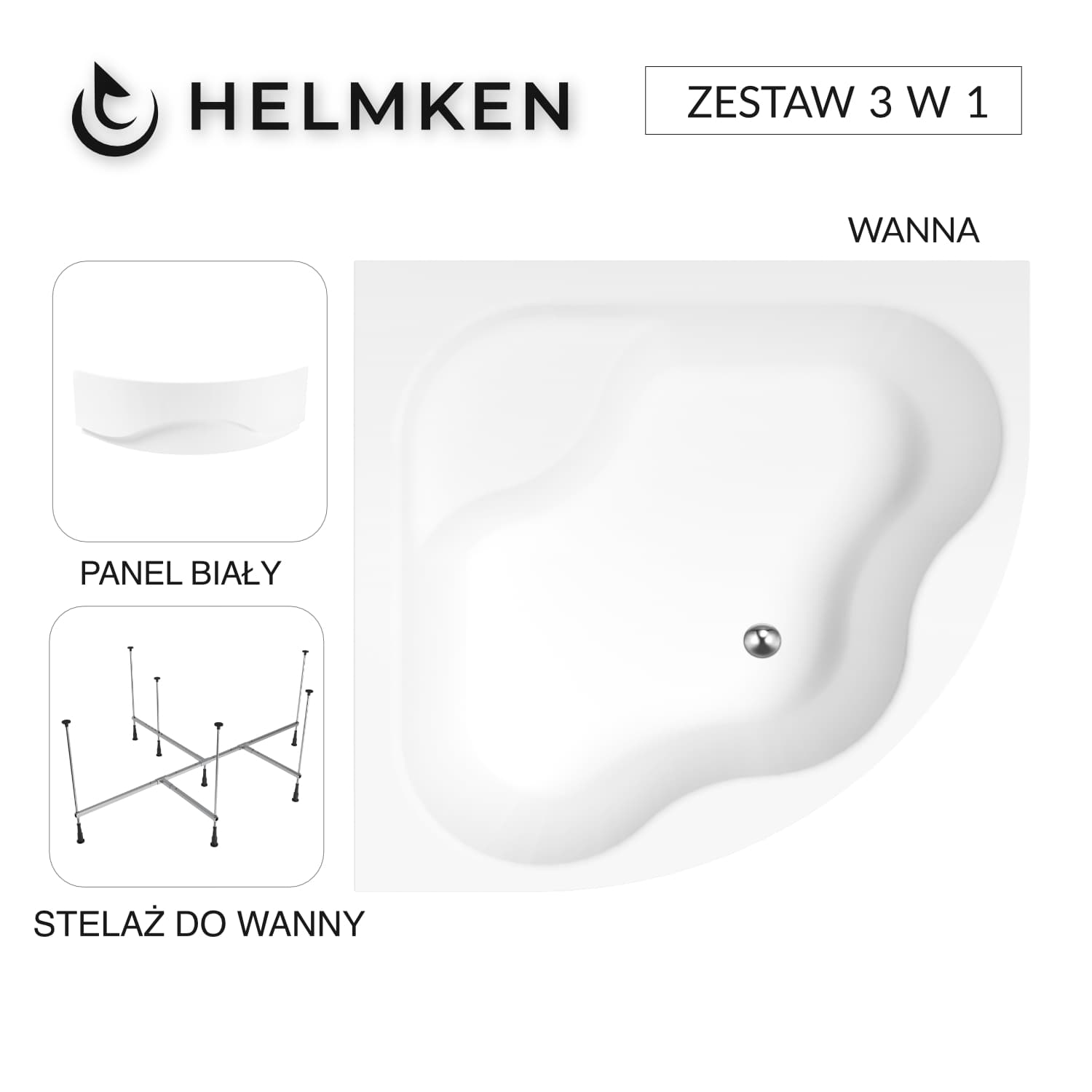 Wanna akrylowa Helmken Majestica 150x150 + Panel Biały + Stelaż do wanny 21012-301, 35040150-3S