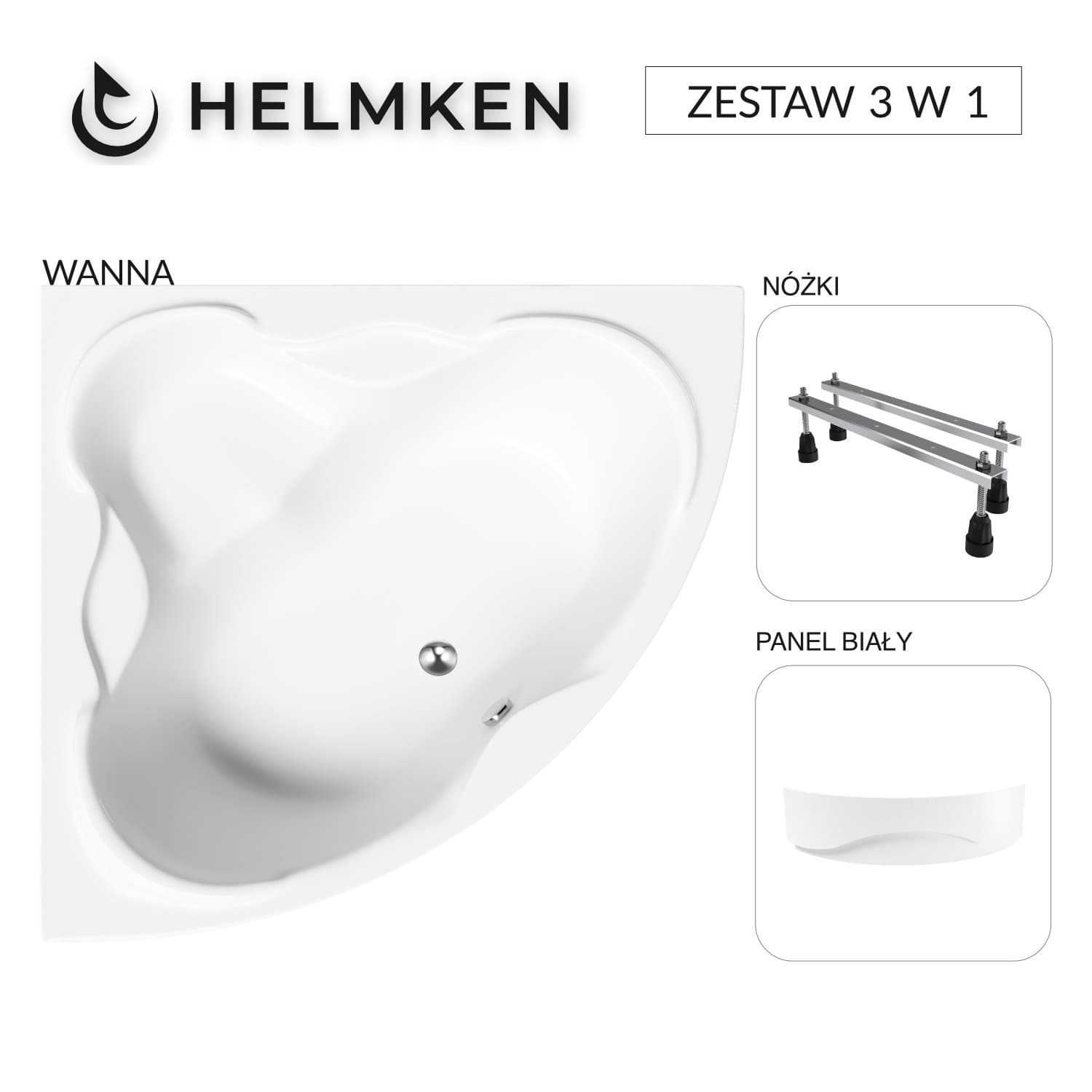Wanna akrylowa Helmken Riviera 150x150 narożna z akrylu lanego ze wzmocnionym korpusem + Panel biały + Nóżki / 35050150