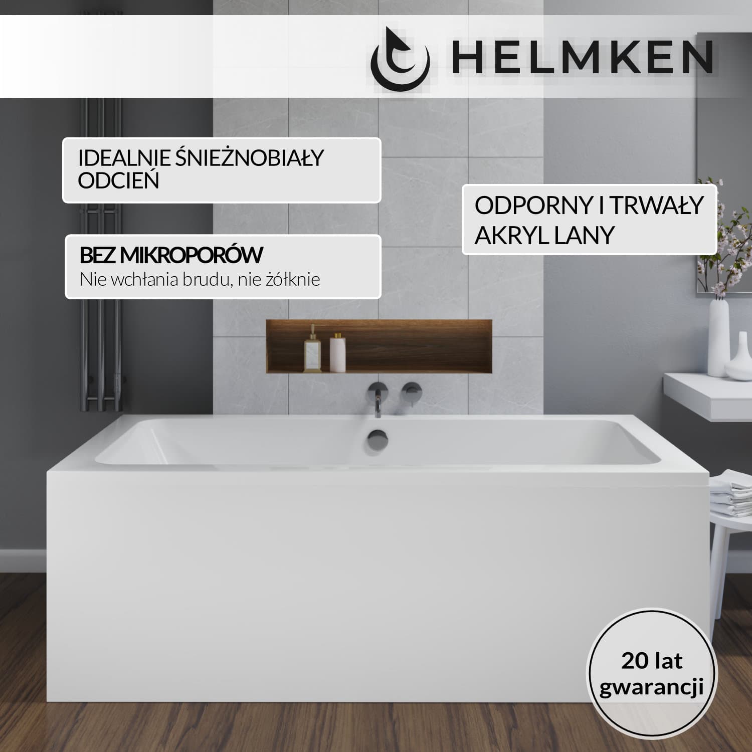 Wanna akrylowa Helmken Olympia 180x80 z akrylu lanego ze wzmocnionym korpusem z odpływem środkowym + Panel biały + Nóżki / 35100080