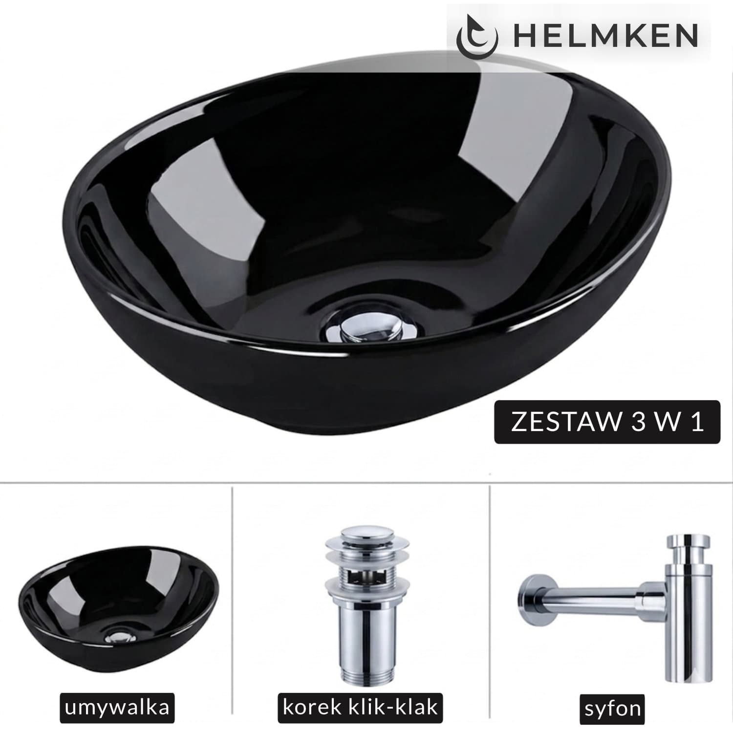Umywalka nablatowa Helmken 65241001 (41x34) Czarna + Syfon Chrom + Korek klik-klak Chrom