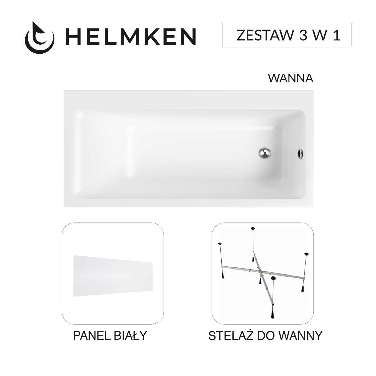 Wanna akrylowa Helmken Seraphina 160x80 PRAWA + Panel Biały + Stelaż uniwersalny do wanien Helmken 21230020 / 3512160R-3S