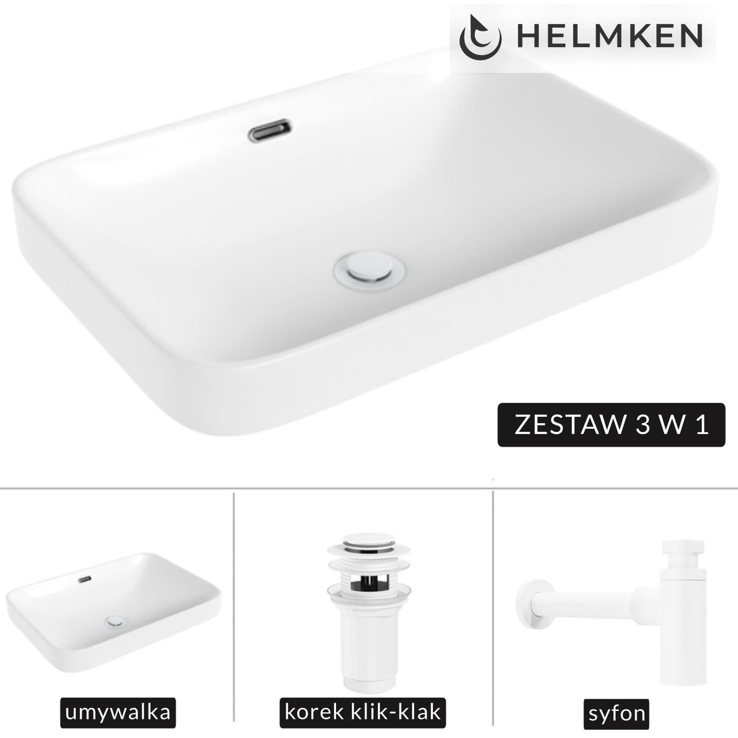 Umywalka nablatowa Helmken 441A52000 (52x36) Biała + Syfon Biały + Korek klik-klak Biały