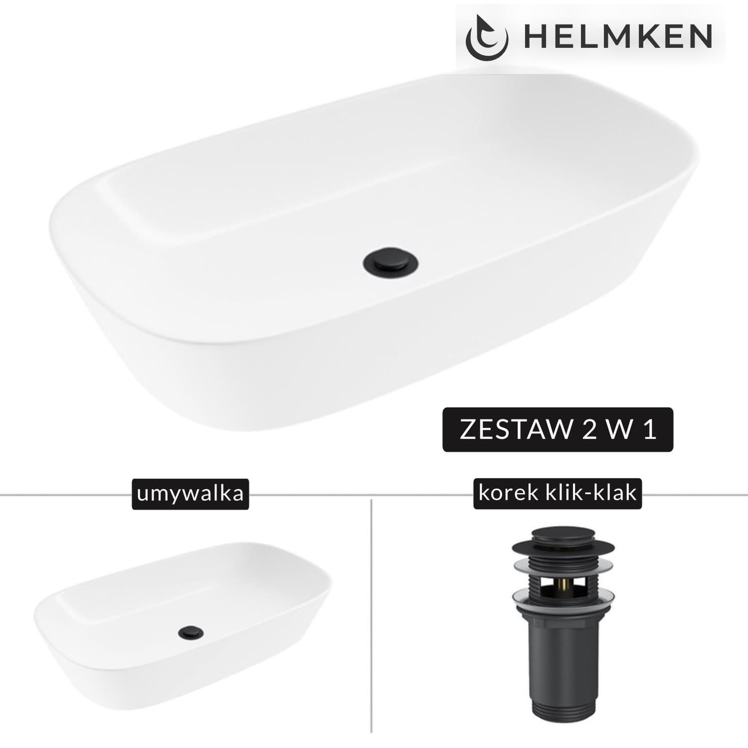 Umywalka nablatowa Helmken 39370000 (70x38) Biała + Korek klik-klak Czarny Mat