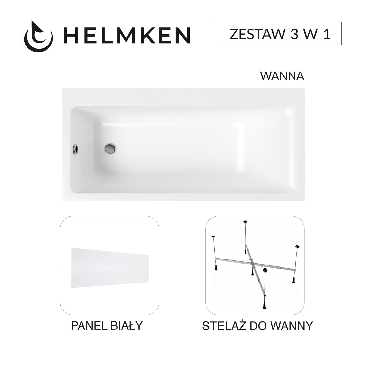 Wanna akrylowa Helmken Seraphina 160x80 LEWA + Panel Biały + Stelaż uniwersalny do wanien Helmken 21230020 / 3512160L-3S