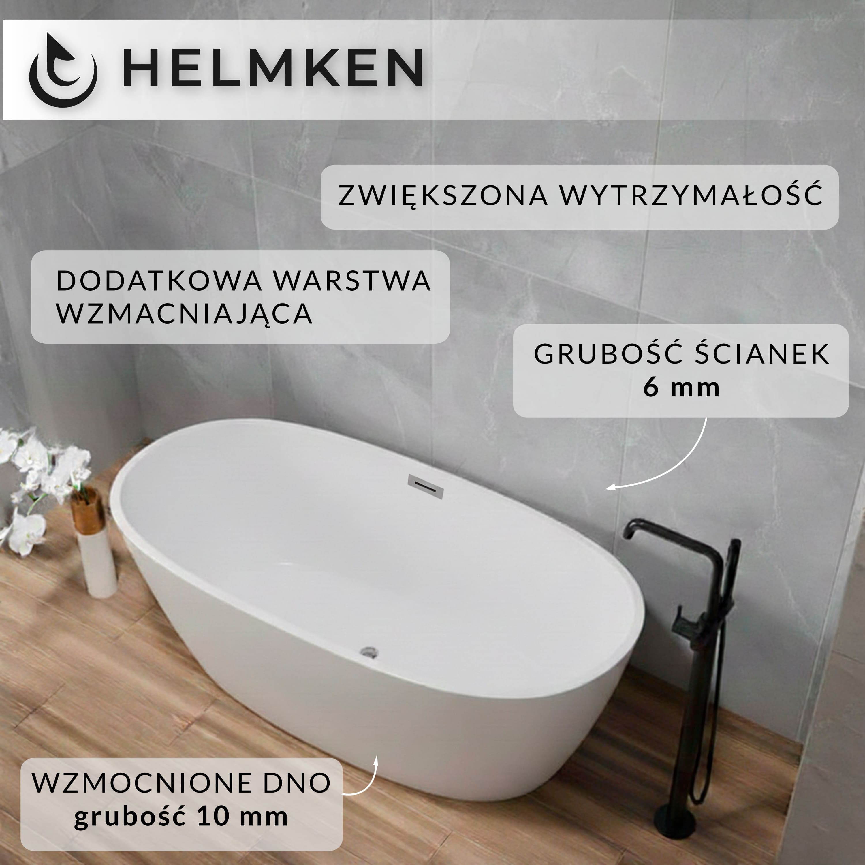 Wanna wolnostojąca akrylowa Helmken Opaline 150 x 75 + Nóżki + Syfon z korkiem klik-klak / 31460150