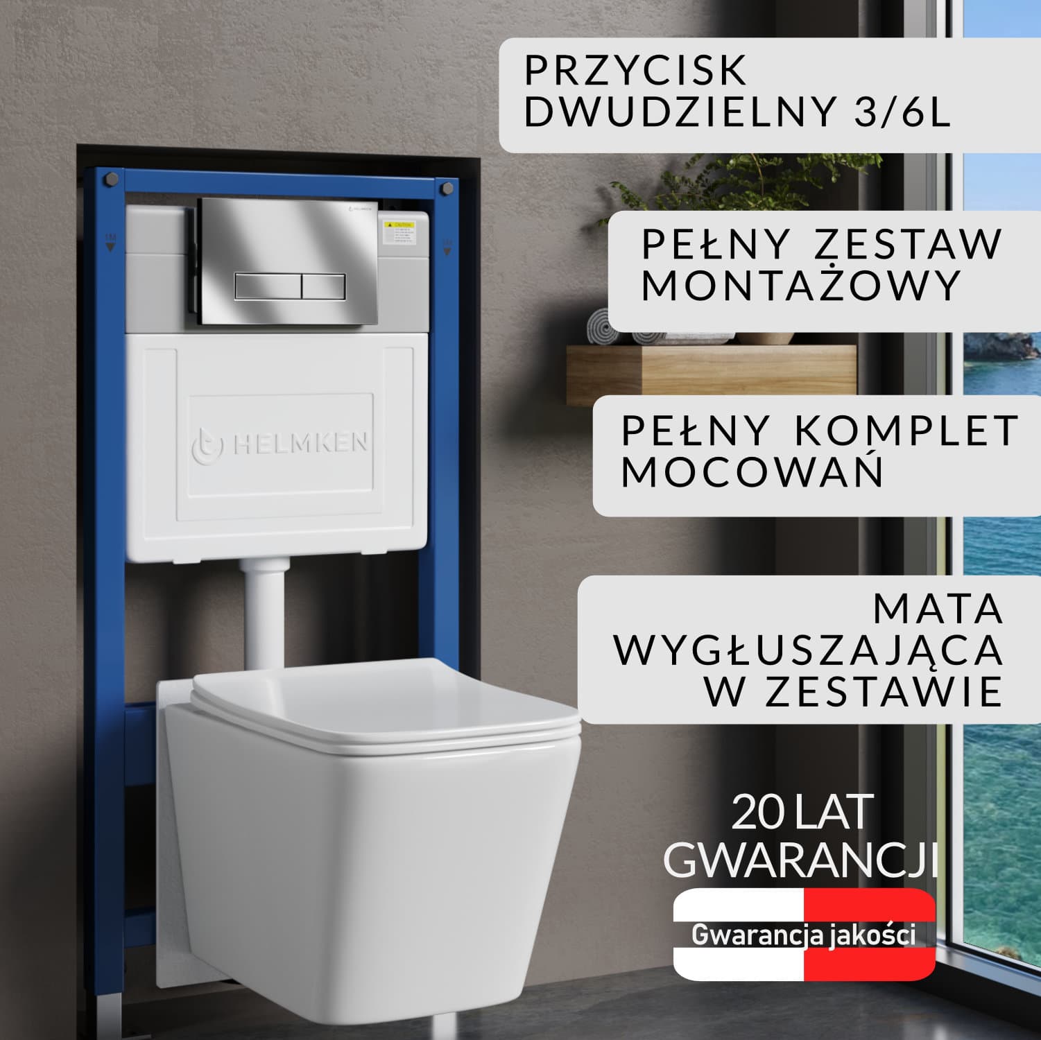 Zestaw podtynkowy WC Helmken 5w1: Przycisk Chrom HD, Miska bezkołnierzowa Rimless 35120001, Deska wolnoopadająca, Mata