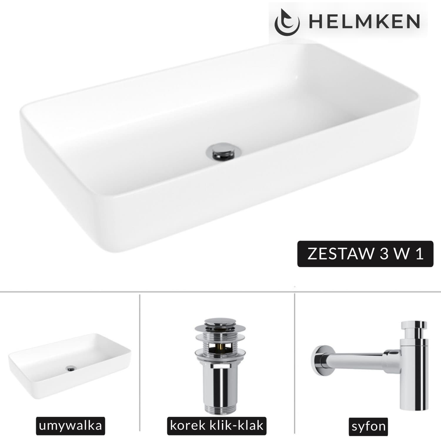 Umywalka nablatowa Helmken 48760000 (60x34) Biała + Syfon Chrom + Korek klik-klak Chrom