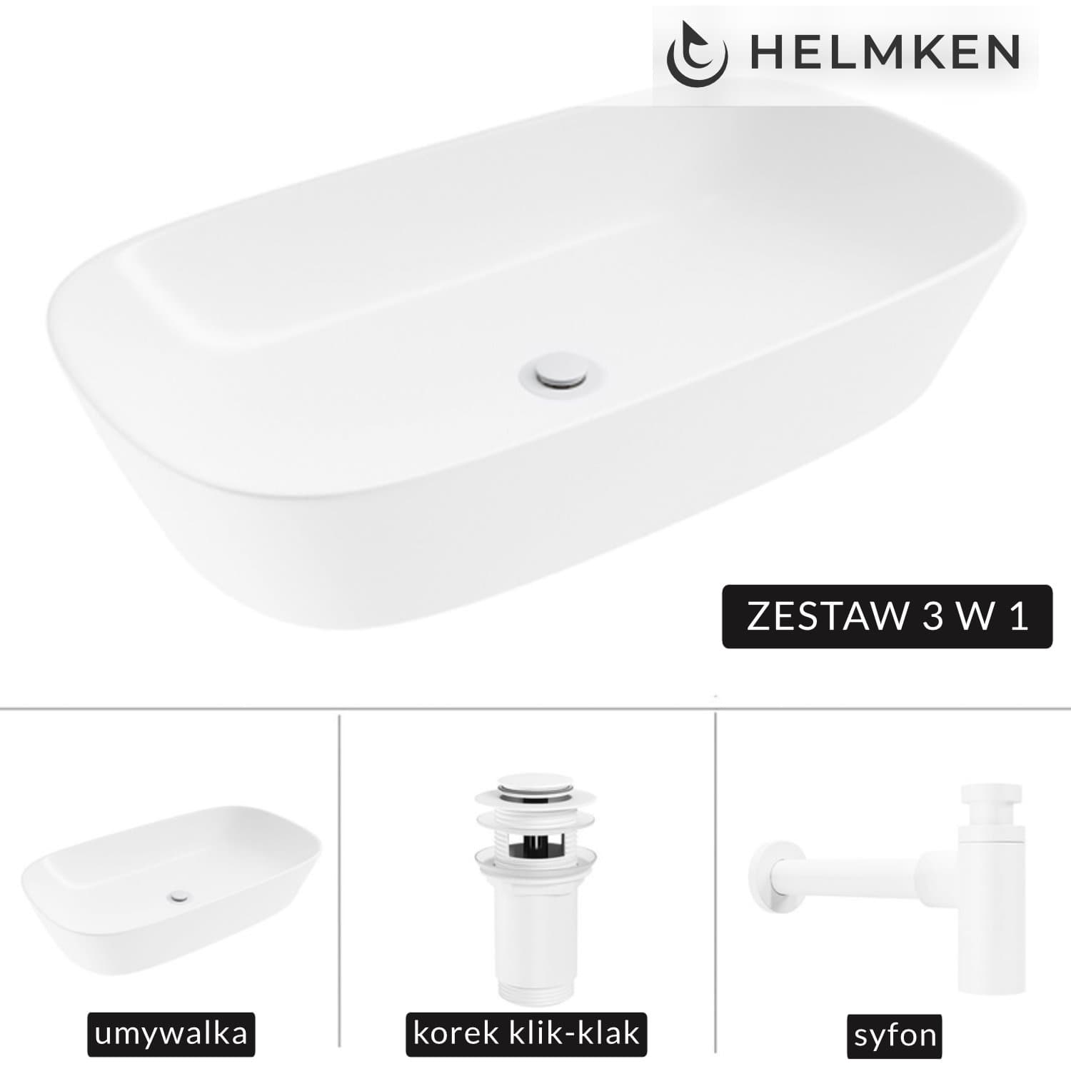 Umywalka nablatowa Helmken 39370000 (70x38) Biała + Syfon Biały + Korek klik-klak Biały