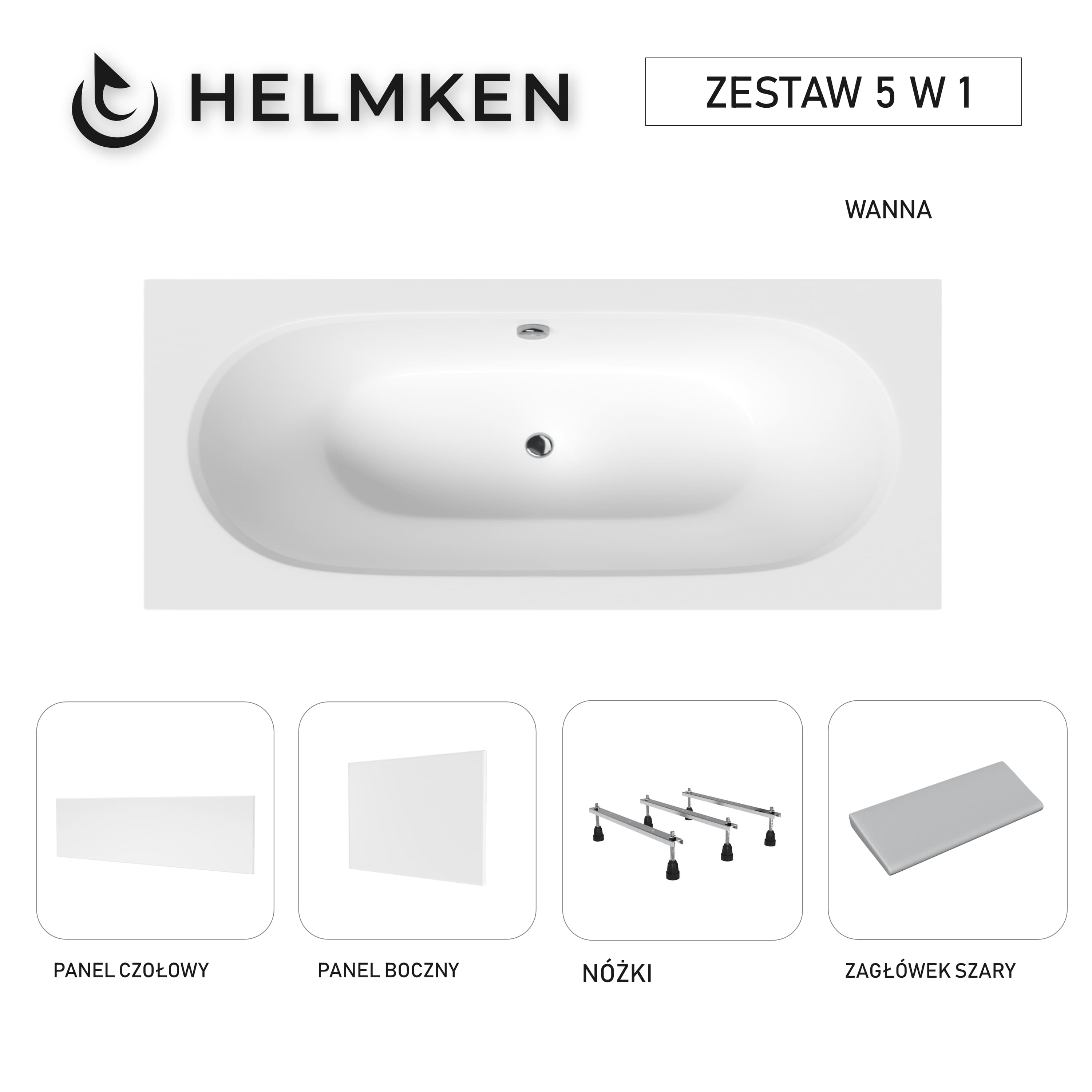 Wanna akrylowa Helmken Vienna 150 x 75 + Panel czołowy i boczny Biały + Zagłówek szary + Nóżki / 23099001ZW