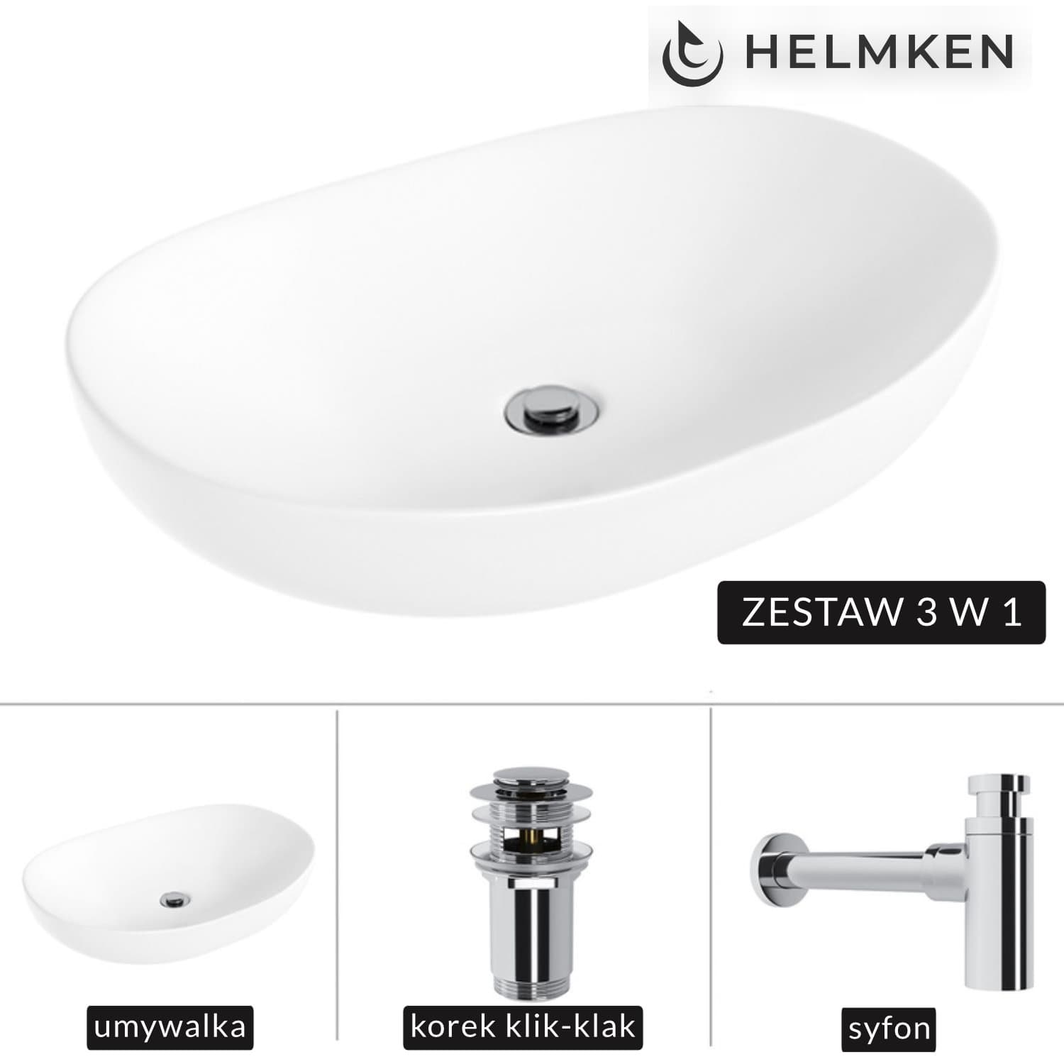 Umywalka nablatowa Helmken 50263000 (63x42) Biała + Syfon Chrom + Korek klik-klak Chrom