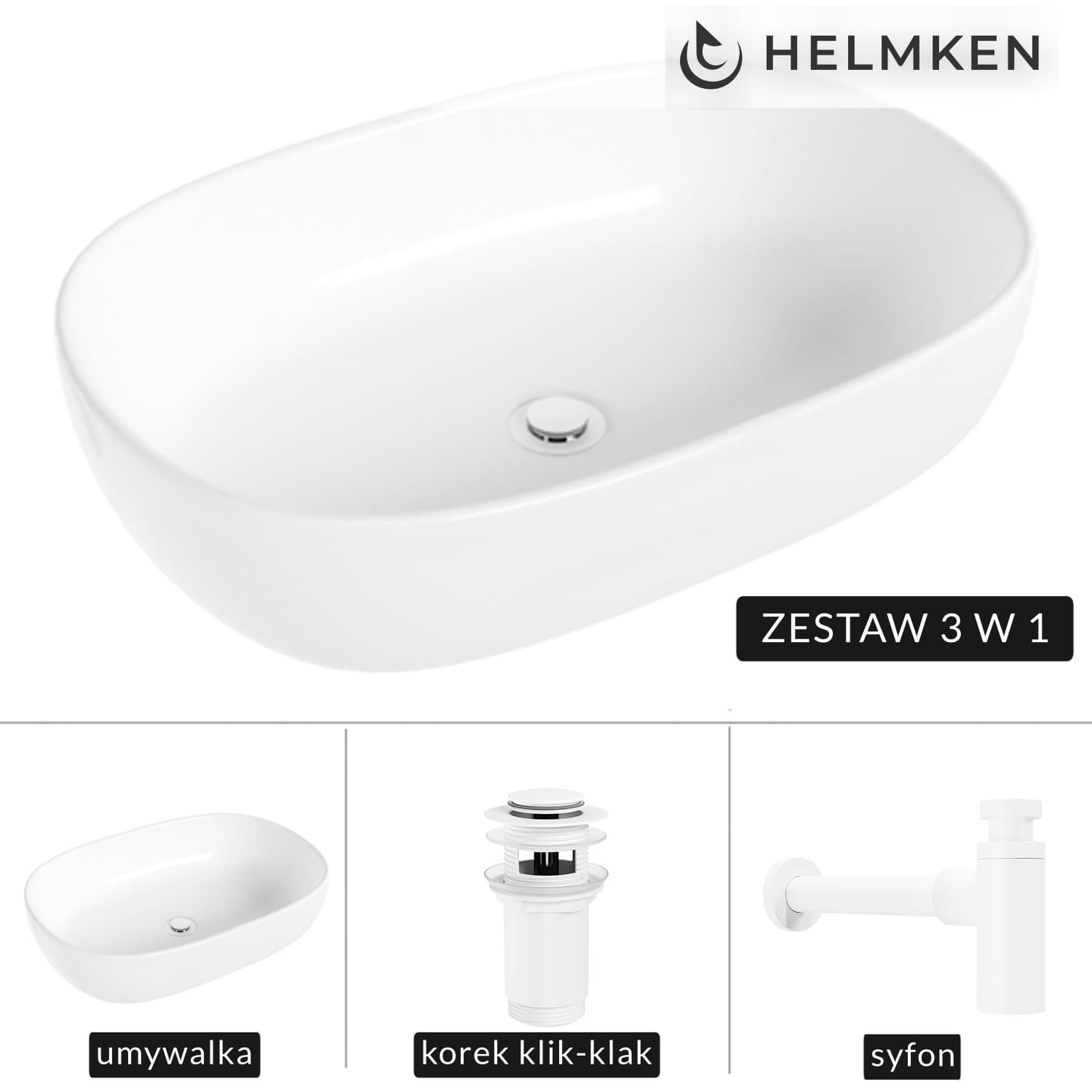 Umywalka nablatowa Helmken 83660000 (60x42.5) Biała + Syfon Biały + Korek klik-klak Biały