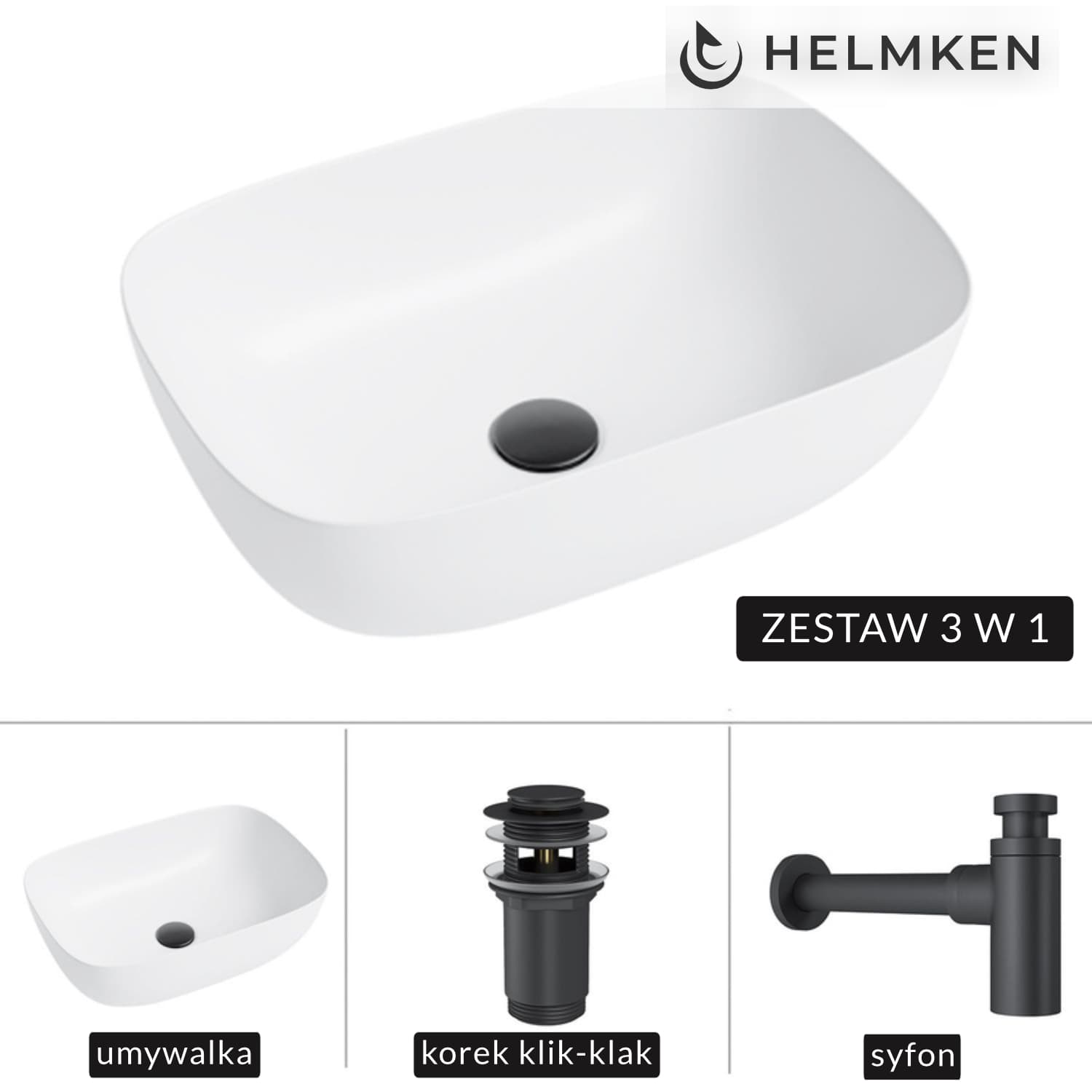 Umywalka nablatowa Helmken 49346000 (46x32) Biała + Syfon Czarny Mat + Korek klik-klak Czarny Mat