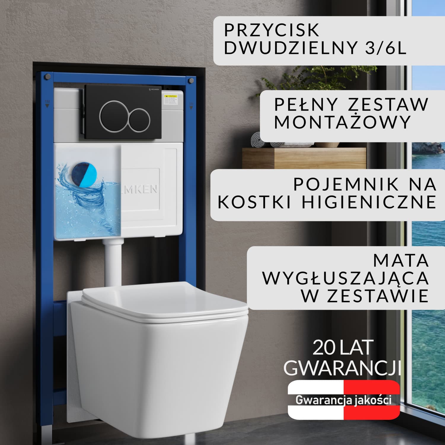 Stelaż podtynkowy WC Helmken 35120001 Zestaw 6w1: Czarny Mat Przycisk (E), Miska bezkołnierzowa Rimless, Deska wolnoopadająca, Pojemnik na kostki higieniczne, Mata