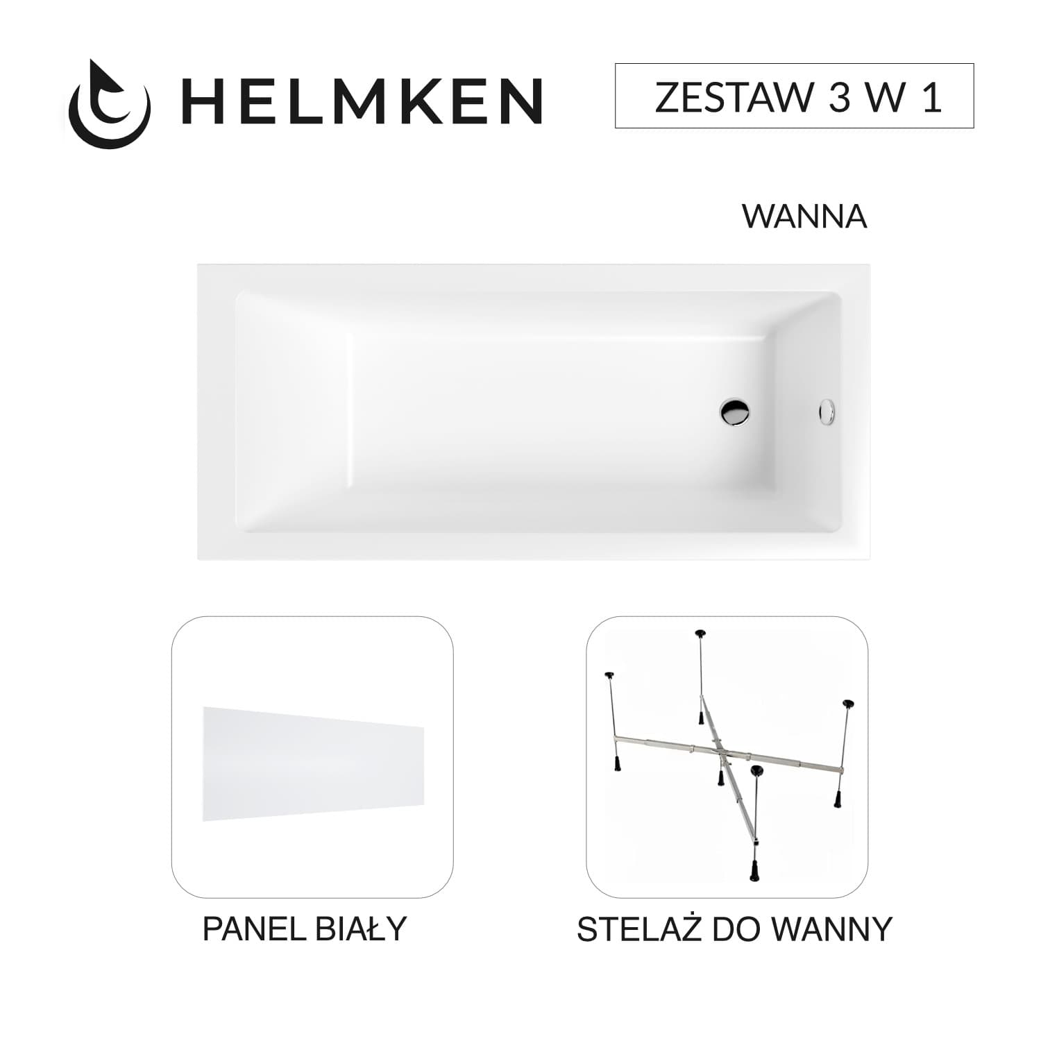 Wanna akrylowa Helmken Athena 170x80 + Panel Biały + Stelaż uniwersalny do wanien Helmken 21230020 / 35090080-3S
