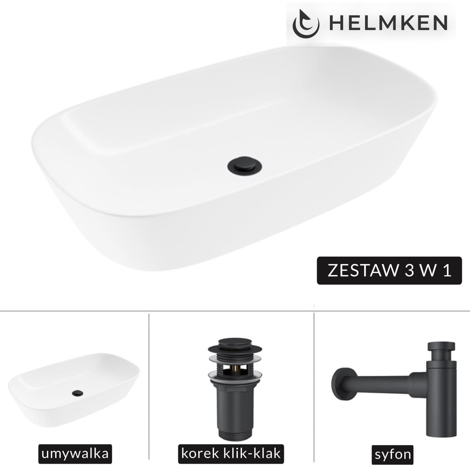 Umywalka nablatowa Helmken 39370000 (70x38) Biała + Syfon Czarny Mat + Korek klik-klak Czarny Mat