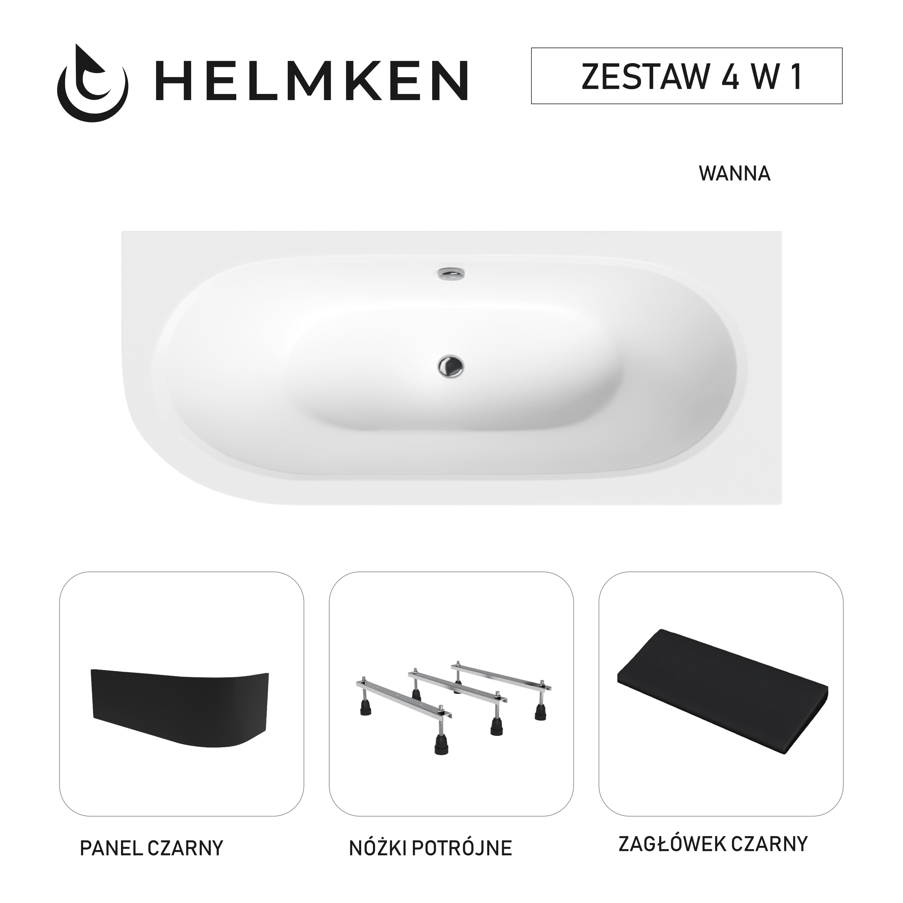 Wanna akrylowa Helmken Marbella Lux 150 x 75 Prawa + Panel czarny + Zagłówek czarny + Nóżki potrójne / 23092001ZWC