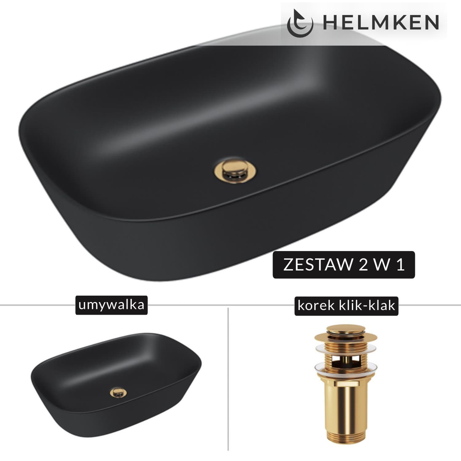 Umywalka nablatowa Helmken 39360001 (60x38) Czarna + Korek klik-klak Złoty