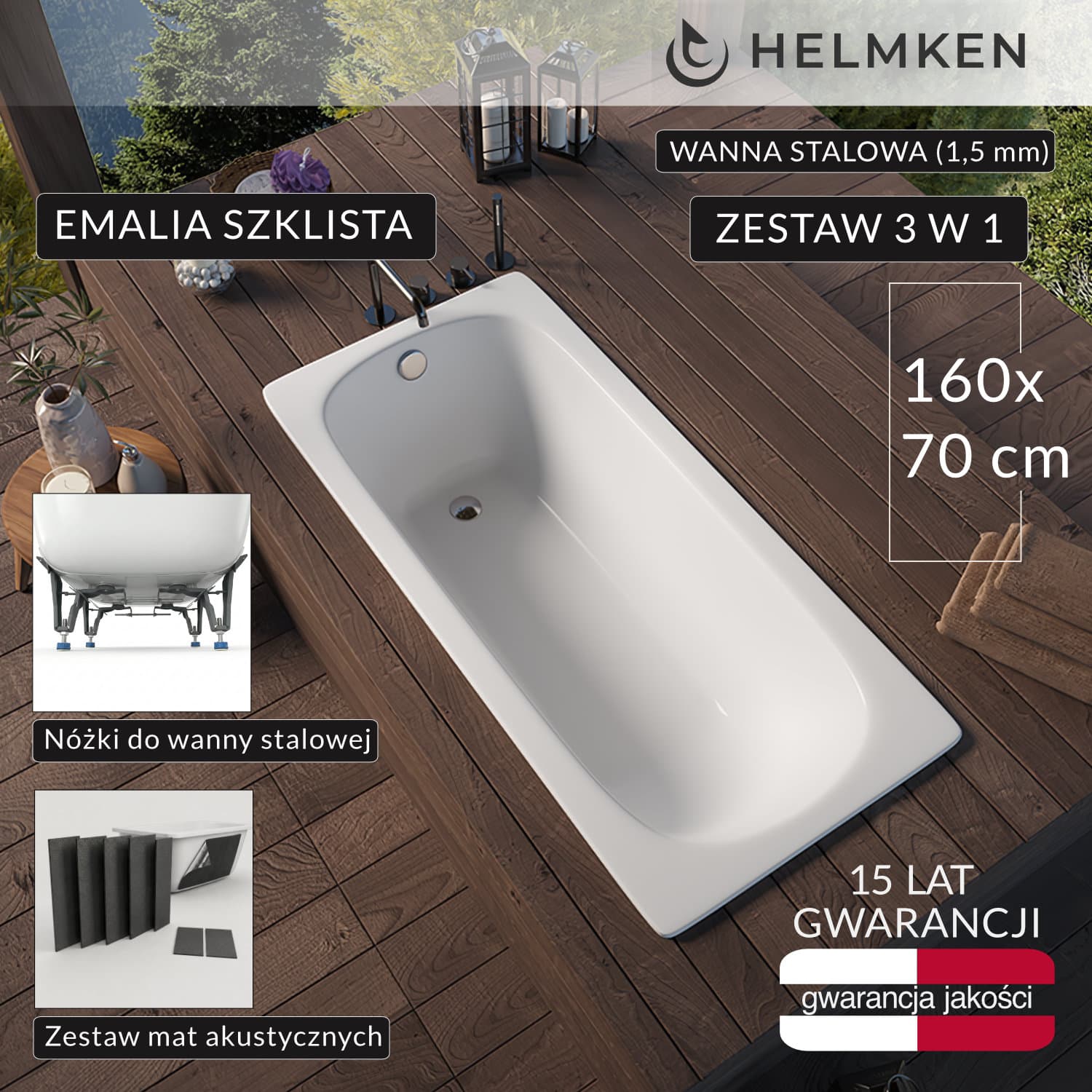 Wanna prostokątna stalowa (1,5 mm) Helmken TIVA 160 / XGB1160, 160 x 70 сm + Nóżki + Zestaw mat akustycznych