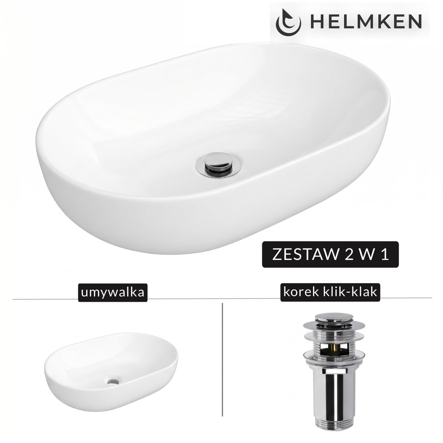 Umywalka nablatowa Helmken 83660000 (60x42.5) Biała + Korek klik-klak Chrom