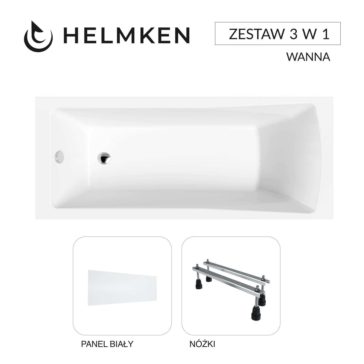 Wanna akrylowa Helmken Aurora 160x70 z akrylu lanego ze wzmocnionym korpusem + Panel biały + Nóżki / 35010060