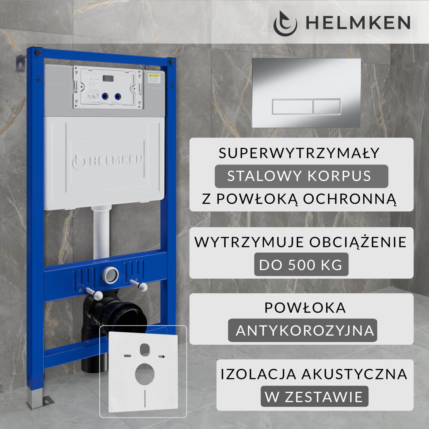 Stelaż podtynkowy WC Helmken Zestaw 3w1: Stelaż podtynkowy, Przycisk Chrom (HD) , Mata wygłuszająca