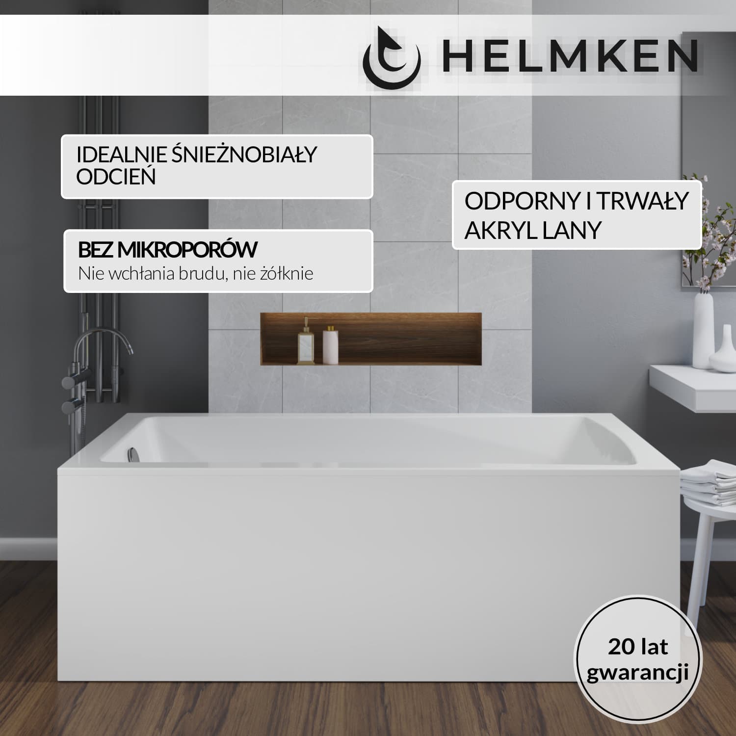 Wanna akrylowa Helmken Aurora 170x75 + Panel Biały + Stelaż uniwersalny do wanien Helmken 21230020 / 35010075-3S