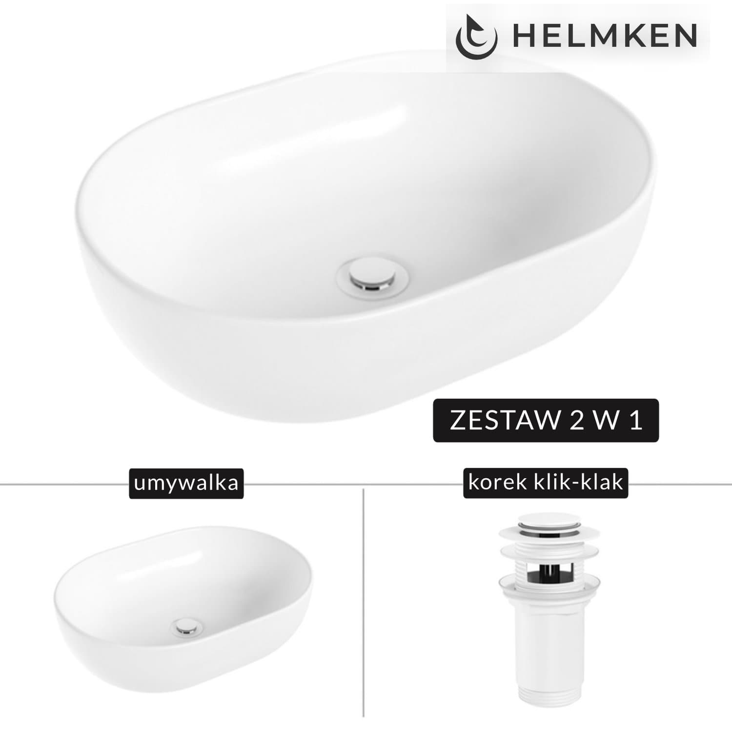 Umywalka nablatowa Helmken 83648000 (48x34) Biała + Korek klik-klak Biały