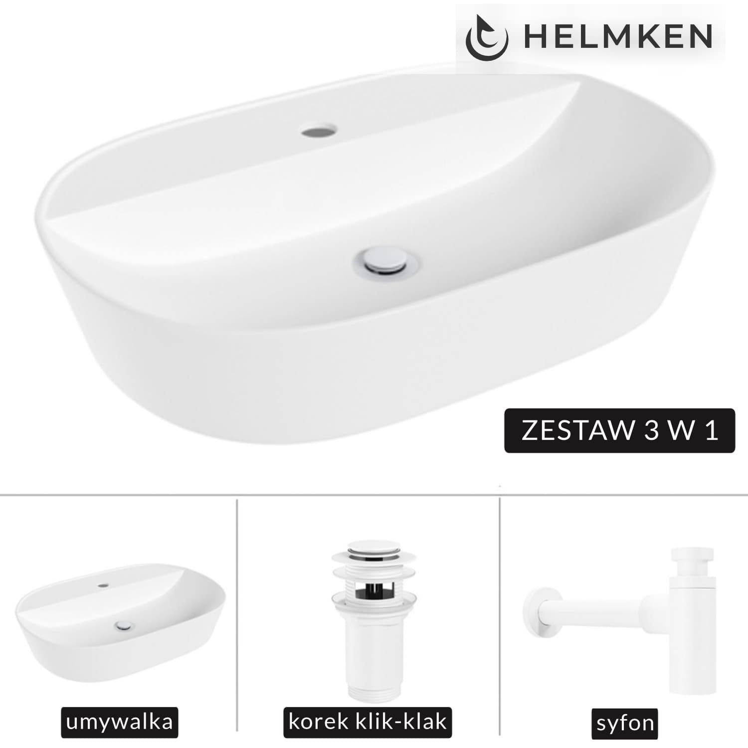 Umywalka nablatowa Helmken 46060000 (60x40) Biała + Syfon Biały + Korek klik-klak Biały