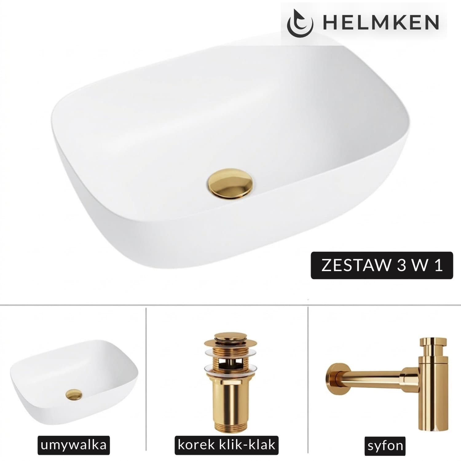 Umywalka nablatowa Helmken 49346000 (46x32) Biała + Syfon Złoty + Korek klik-klak Złoty