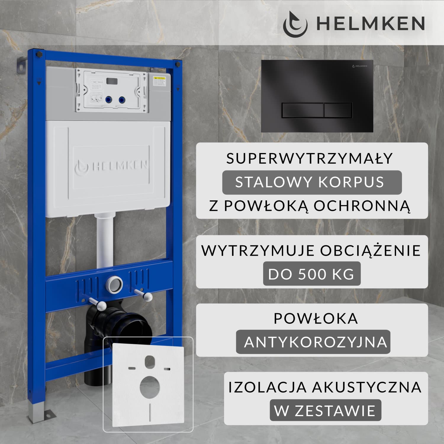 Stelaż podtynkowy WC Helmken Zestaw 3w1: Stelaż podtynkowy, Przycisk Czarny Mat (HD) , Mata wygłuszająca