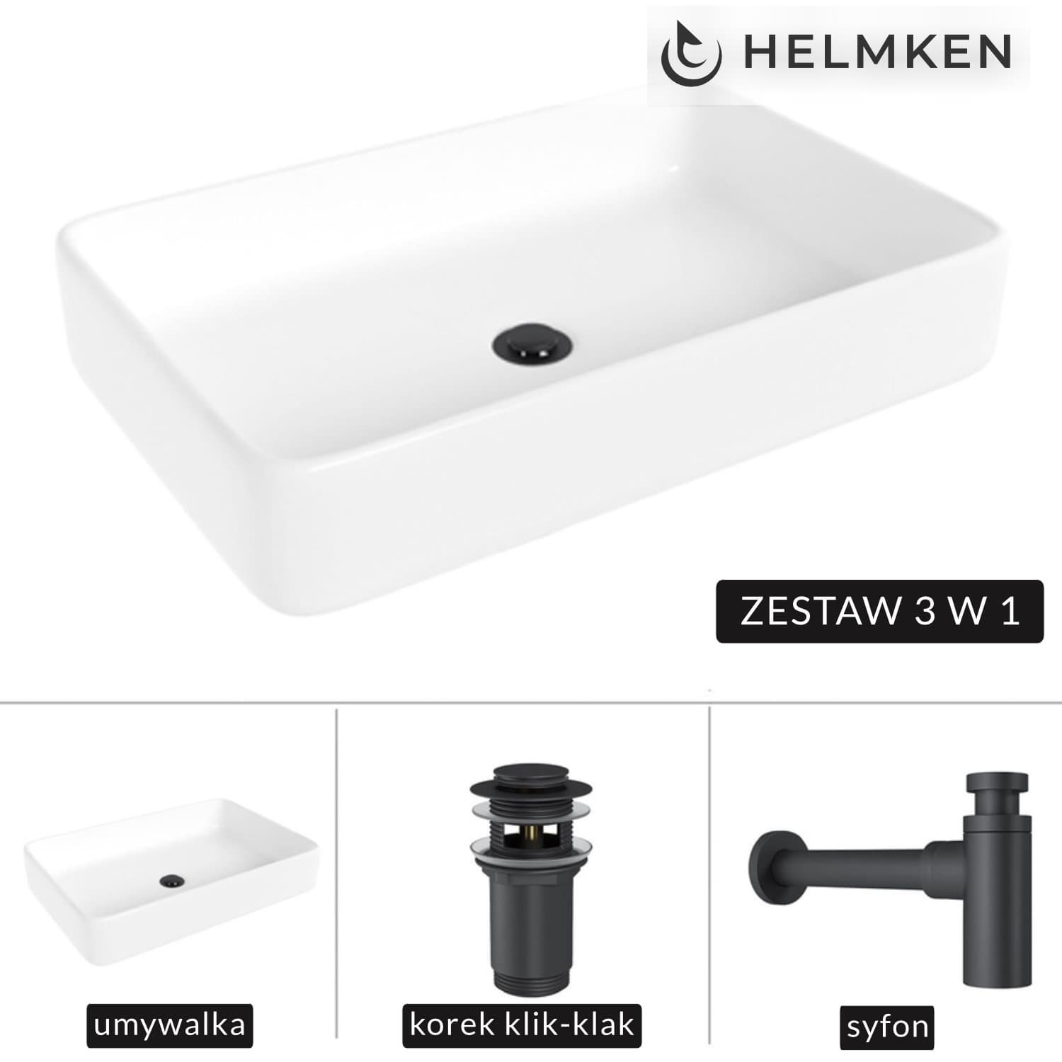 Umywalka nablatowa Helmken 84261000 (61.5x41) Biała + Syfon Czarny Mat + Korek klik-klak Czarny Mat