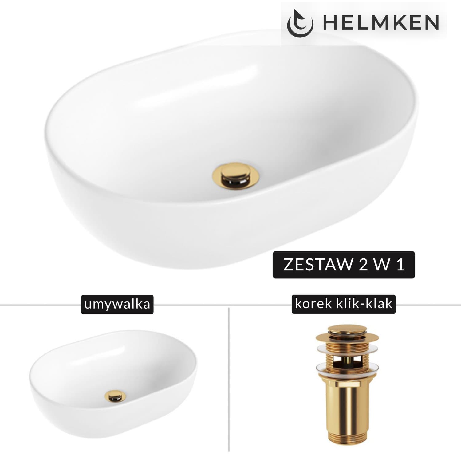 Umywalka nablatowa Helmken 83648000 (48x34) Biała + Korek klik-klak Złoty