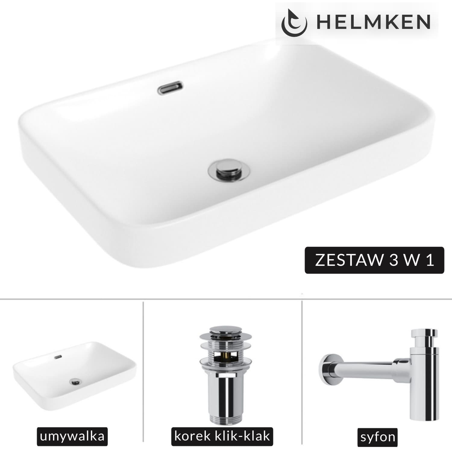 Umywalka nablatowa Helmken 441A52000 (52x36) Biała + Syfon Chrom + Korek klik-klak Chrom