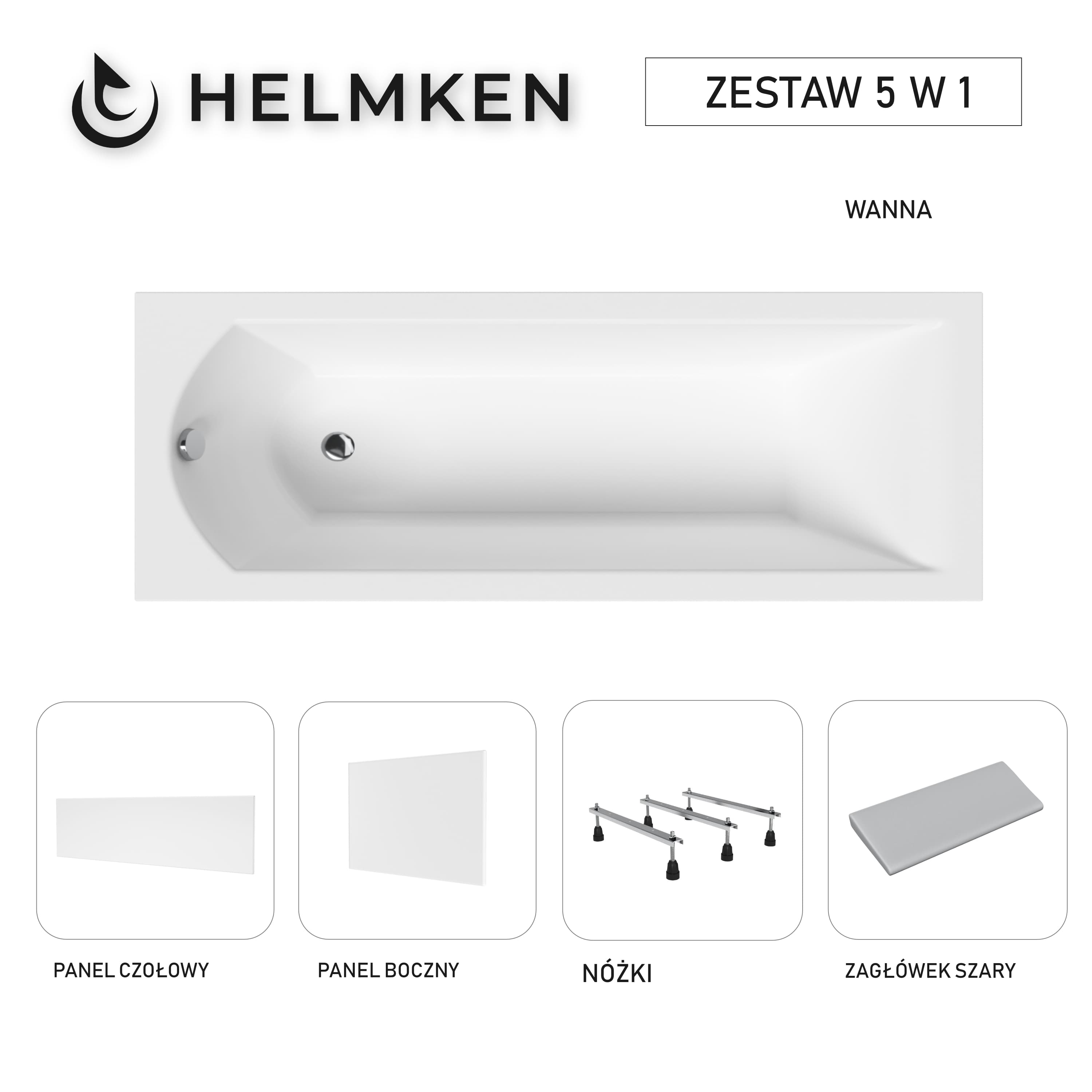 Wanna akrylowa Helmken Vespera 170 x 70 + Panel czołowy i boczny Biały + Zagłówek szary + Nóżki / 23098004ZW