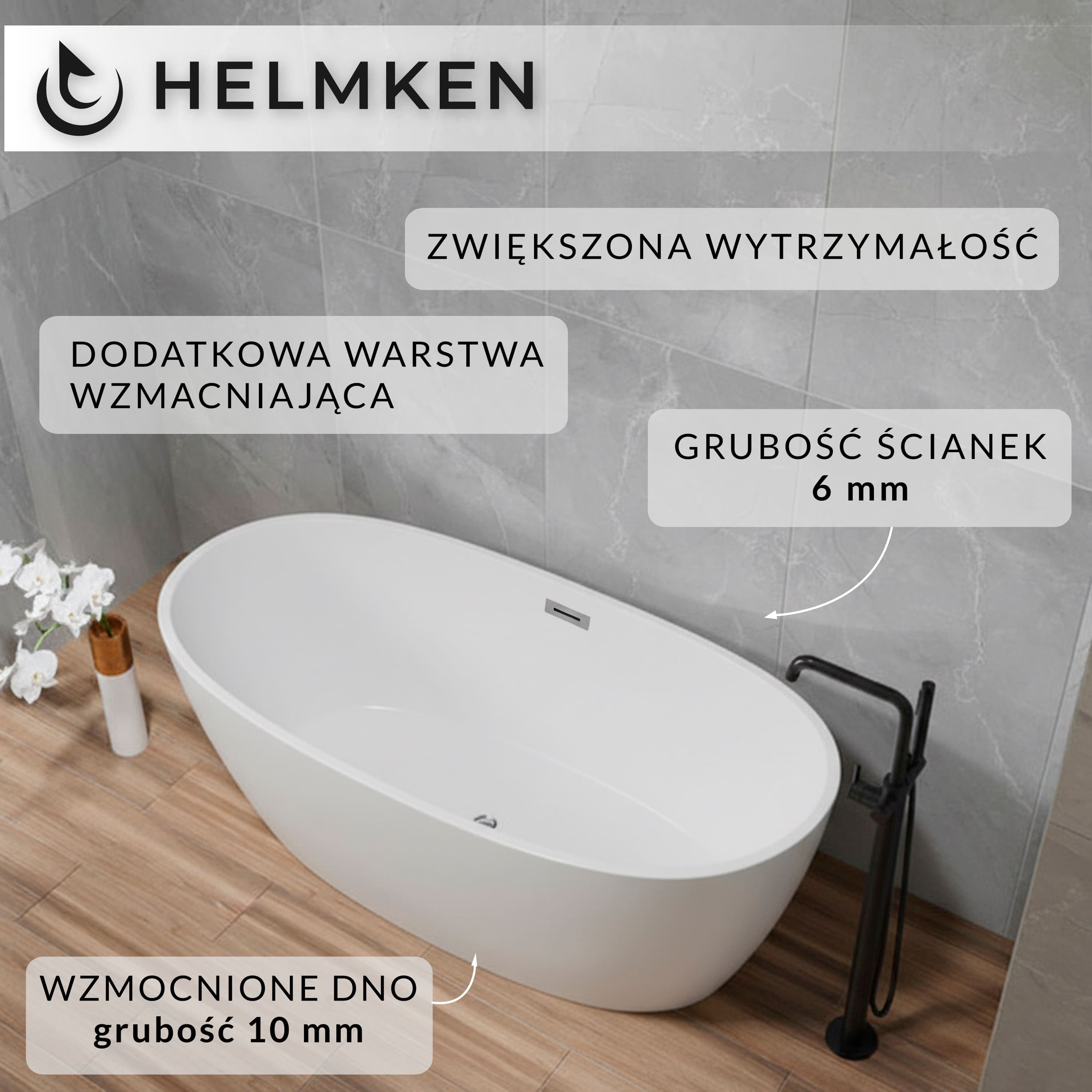 Wanna wolnostojąca akrylowa Helmken Elysian 150 x 75 + Nóżki + Syfon z korkiem klik-klak / 31360150