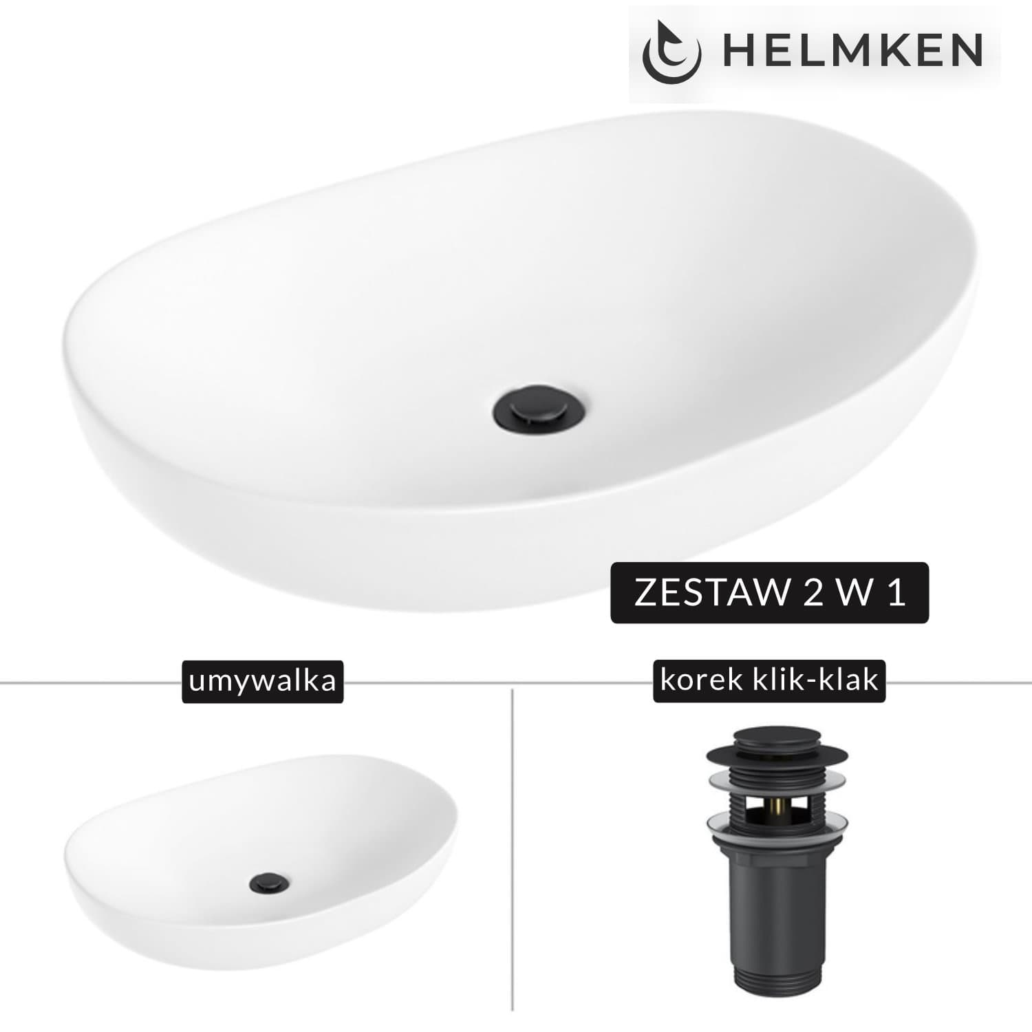 Umywalka nablatowa Helmken 50263000 (63x42) Biała + Korek klik-klak Czarny Mat