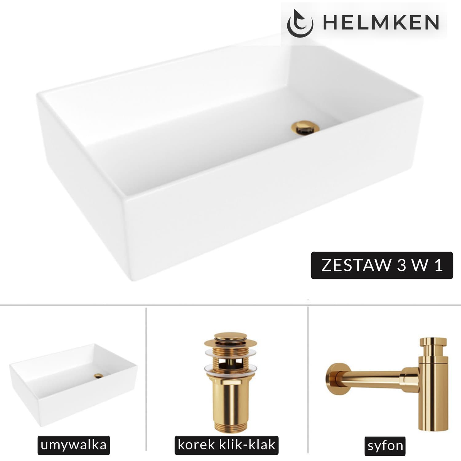 Umywalka nablatowa Helmken 51861000 (61x40) Biała + Syfon Złoty + Korek klik-klak Złoty