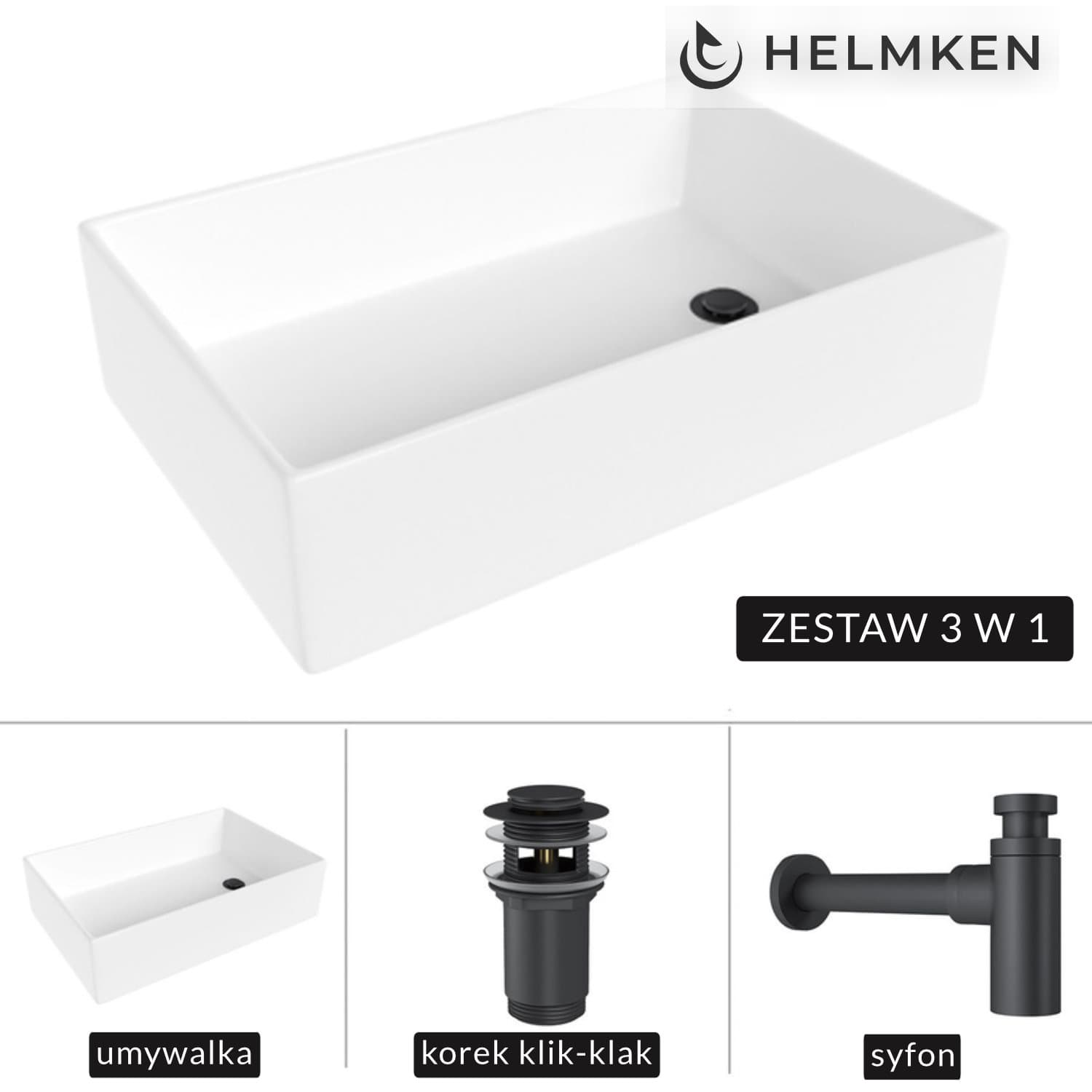 Umywalka nablatowa Helmken 51861000 (61x40) Biała + Syfon Czarny Mat + Korek klik-klak Czarny Mat