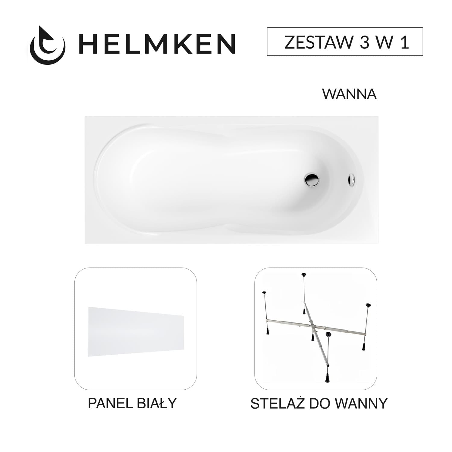 Wanna akrylowa Helmken Celeste 160x70 + Panel Biały + Stelaż uniwersalny do wanien Helmken 21230020 / 35060060-3S
