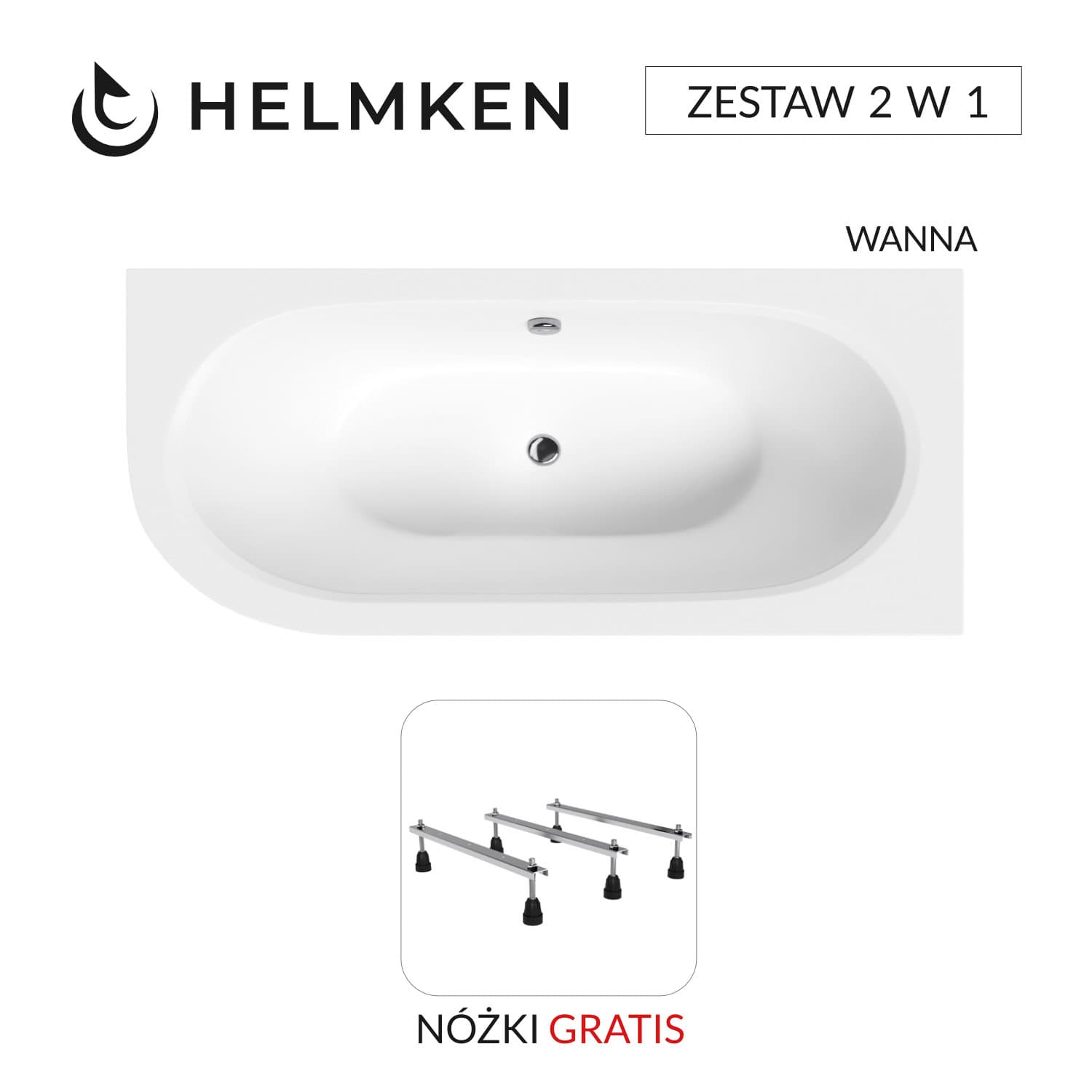 Wanna akrylowa Helmken Marbella Lux 180 x 80 Prawa + Panel biały + Nóżki / 23092007Z