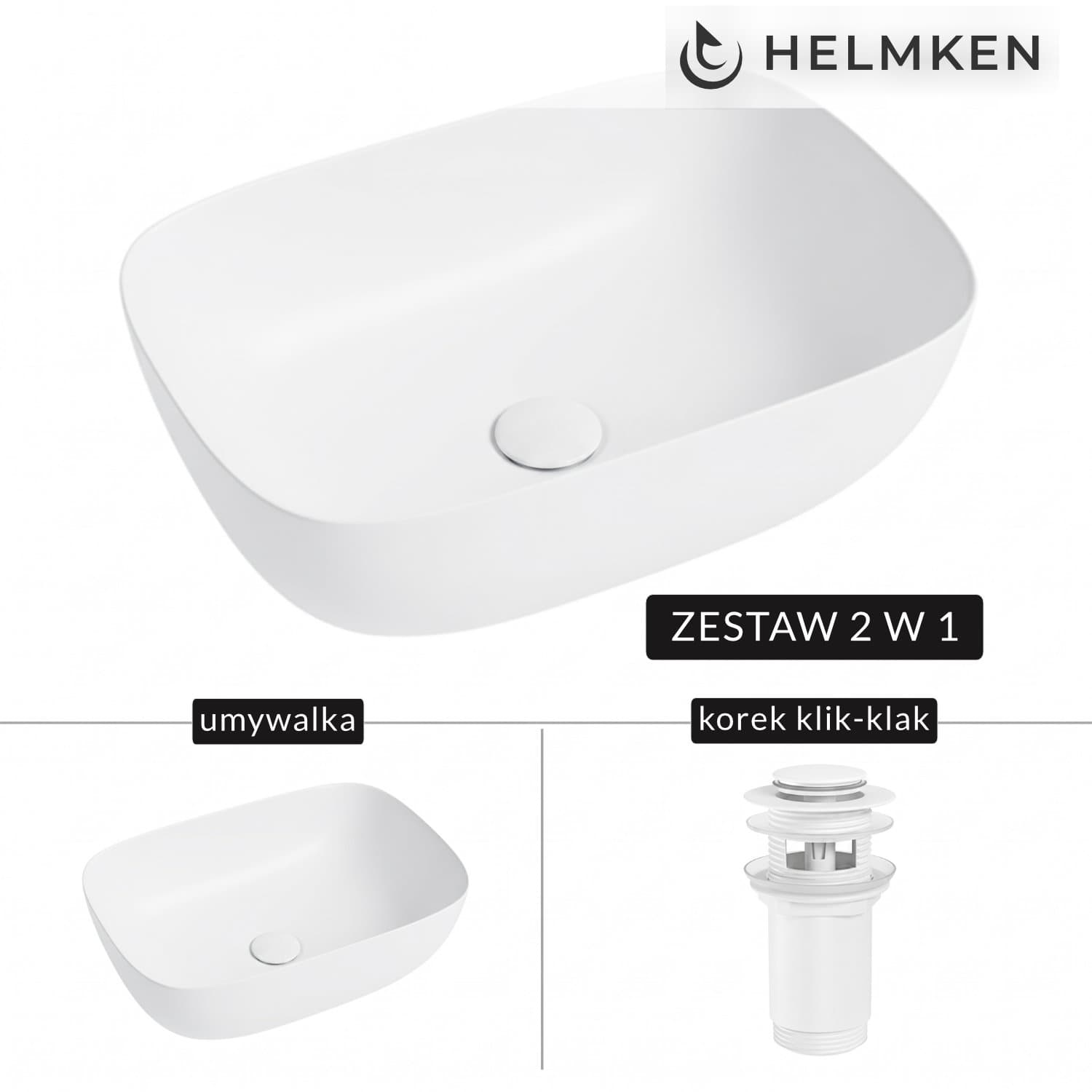 Umywalka nablatowa Helmken 49346000 (46x32) Biała + Korek klik-klak Biały