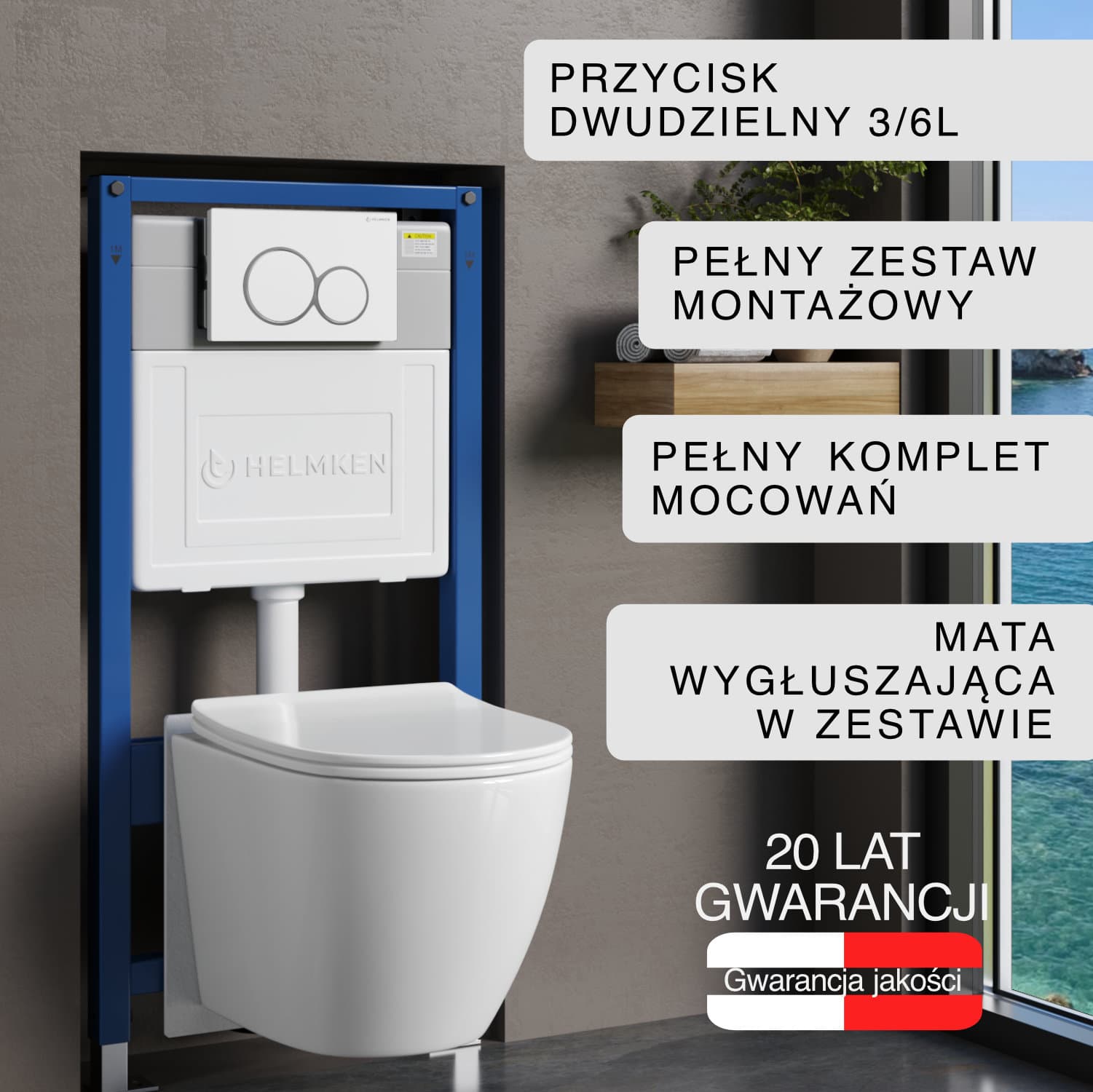 Zestaw podtynkowy WC Helmken 5w1: Przycisk Biały (E), Miska bezkołnierzowa Rimless 35490101, Deska wolnoopadająca, Mata