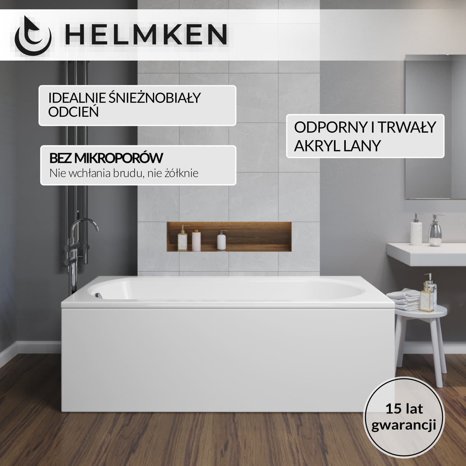 Wanna akrylowa Helmken Tressa 170 х 75 + Panel Biały + Stelaż uniwersalny do wanien Helmken 21230020 / 23097003-3S